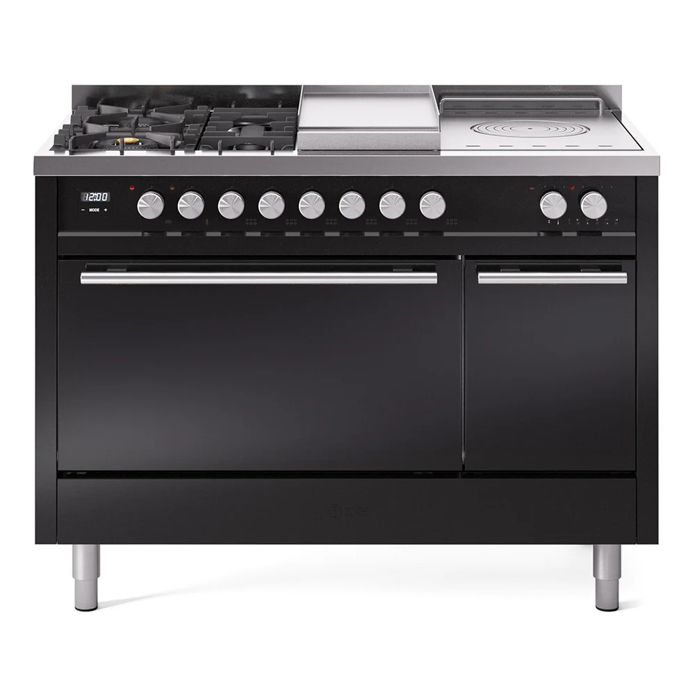 ILVE Professional Plus II 48-inch Dual Fuel Range with 5 Burners, Griddle, & French Top with Solid Door Oven in Glossy Black (UP48FSQMPBK)