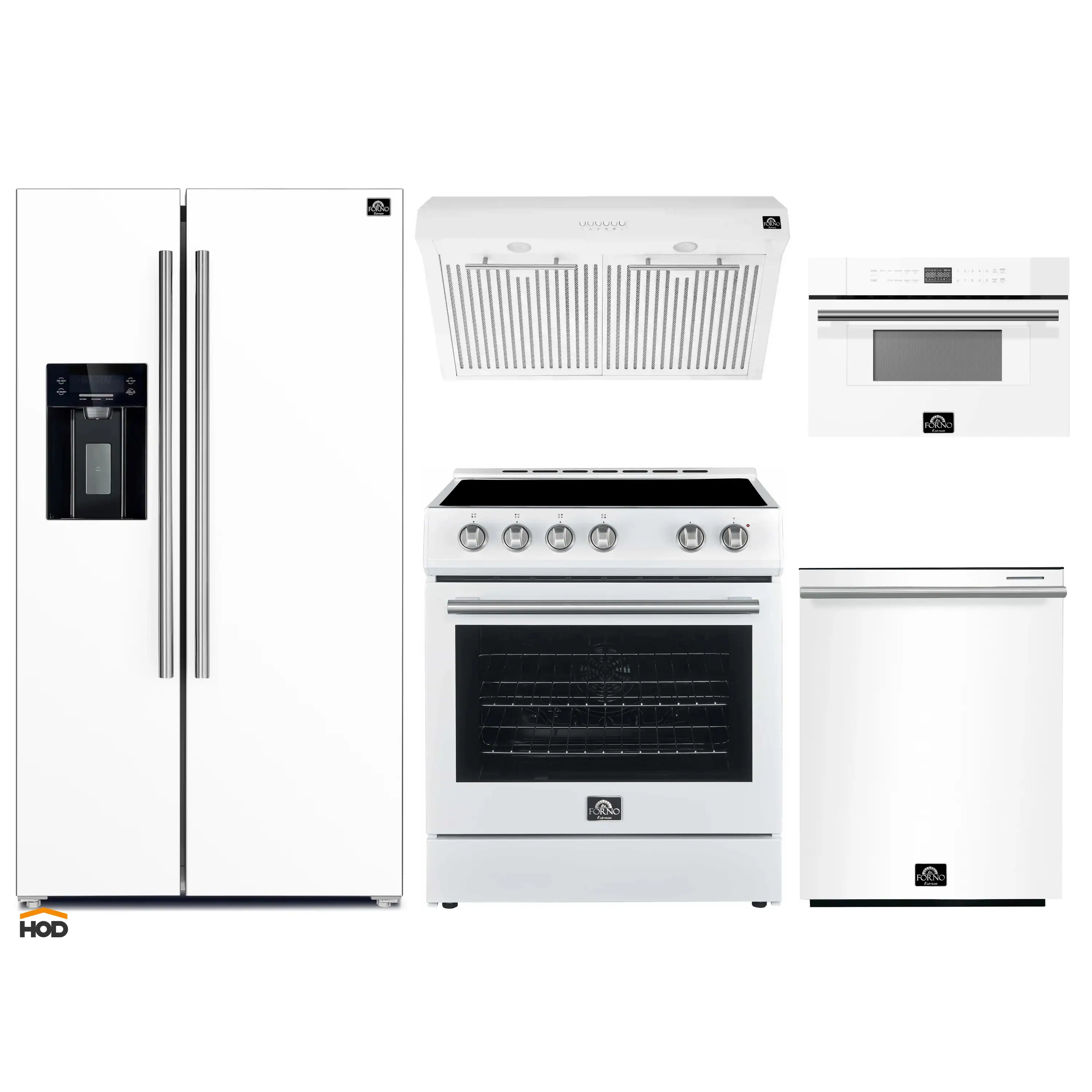 Forno 5-Piece Appliance Package - 30-Inch Electric Range, Under Cabinet Range Hood, Refrigerator with Water Dispenser, Dishwasher, and 30-Inch Microwave Oven in White with Stainless Steel Trim
