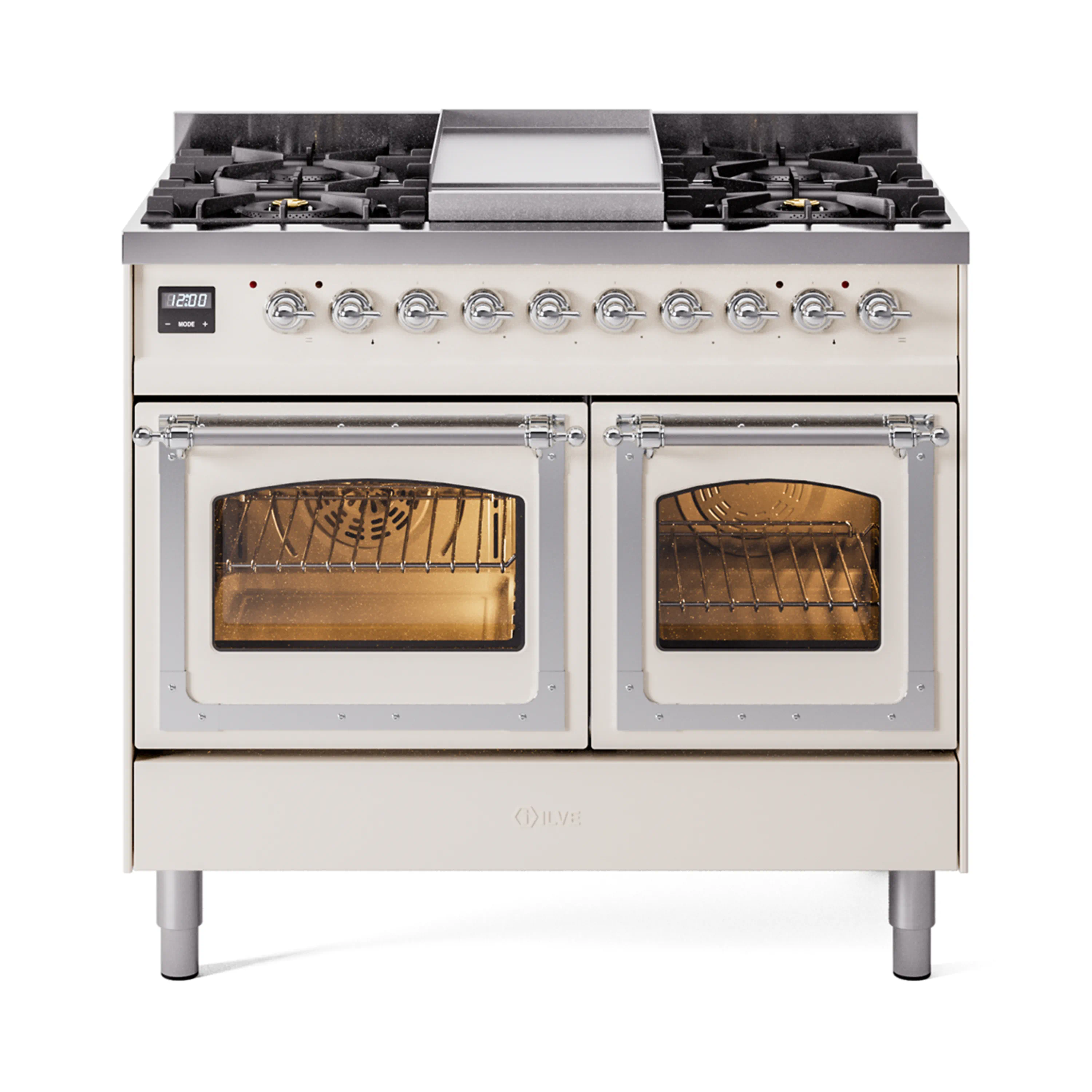 ILVE 40-Inch Nostalgie II Noblesse Dual Fuel Range with Triple Glass Door Oven in Antique White with Chrome Trim (UND40FNMPAWC)