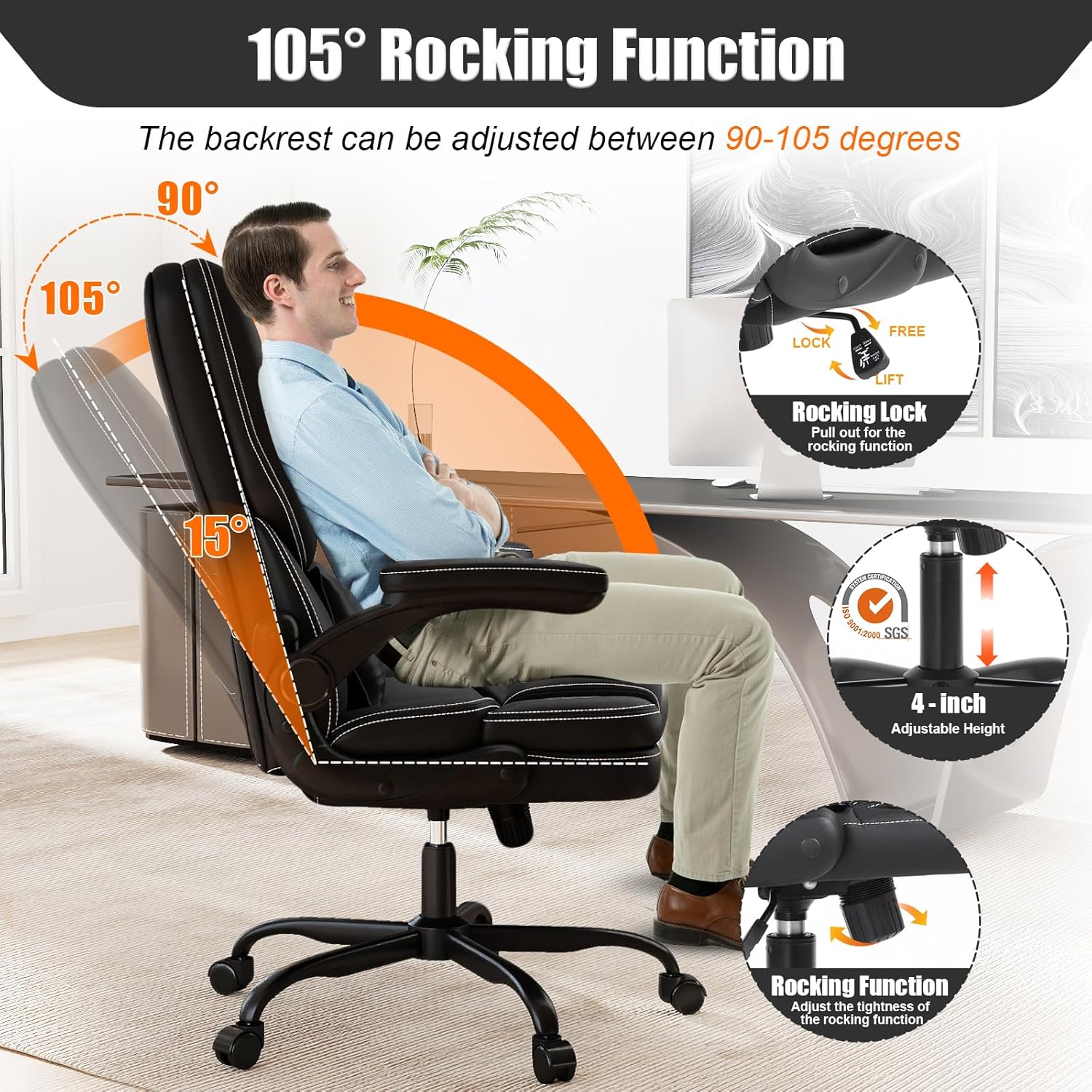 Ergonomic Office Chair with Flip-up Armrests 300lbs,Middle-Tall Computer Office Desk Chair with Lumbar Support,Executive Leather Chair with Rocking Function Adjustable Height for Home Office