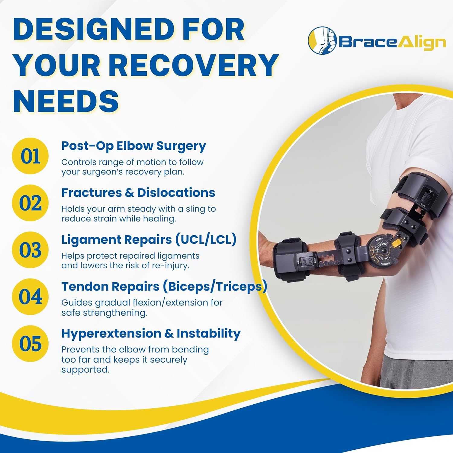 FlexRecover ROM Hinged Elbow Brace - Adjustable Post Op Elbow Stabilizer for Fractures, Ligament & Tendon Repairs, Bicep Repair, and Surgical Recovery - L3761 (Left Arm)