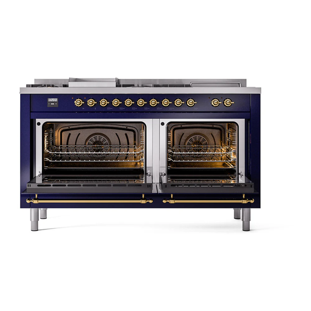 ILVE Nostalgie II 60-Inch Dual Fuel Range with 7 Burners, Griddle, & French Top with Solid Door Oven in Midnight Blue with Brass Trim (UP60FSQNMPMBG)