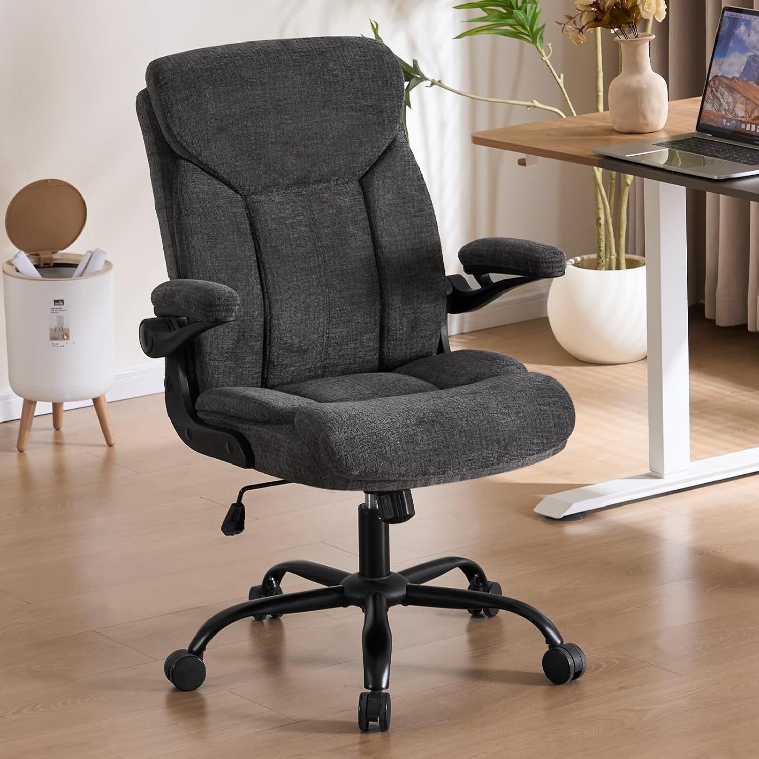 Cloth Office Chair Comfy Fabric Executive Chair, Ergonomic Computer Desk Chairs with Flip-up Armrests, Lumbar Support, 360° Swivel for Home Office, Work, Study, Small Gaming Chair with Wheels | Grey
