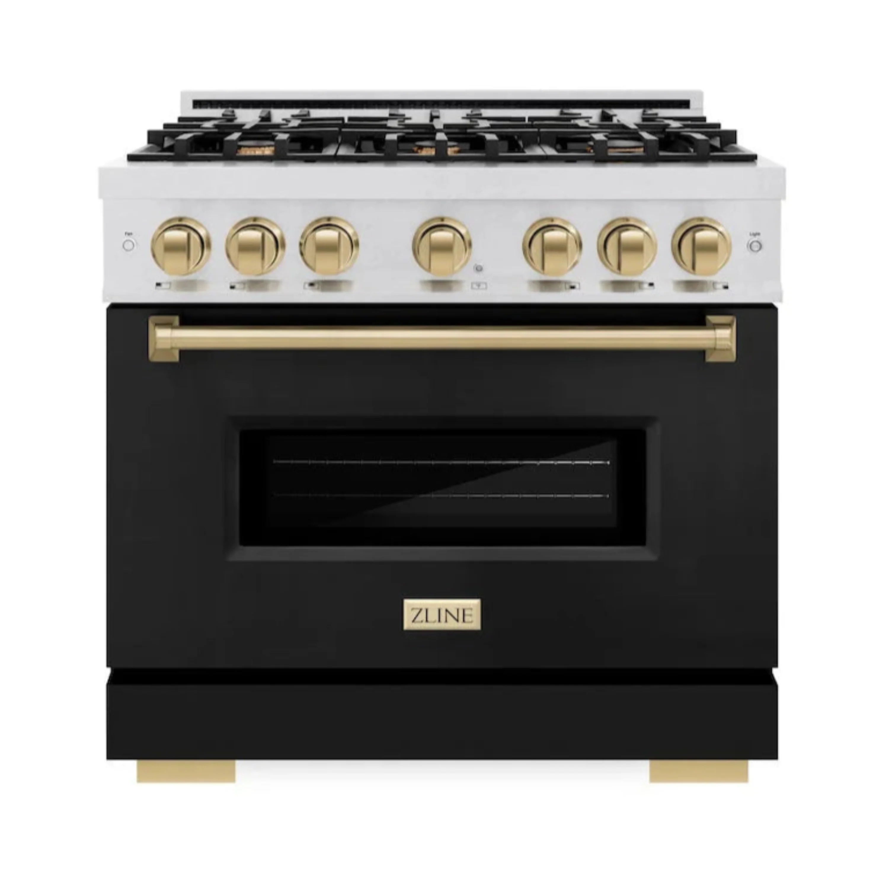 ZLINE Autograph Edition 36-Inch Classic Series Dual Fuel Range with 6 Gas Burner Cooktop and 5.2 Cu. Ft Electric Convection Oven in Satin Stainless Steel with Black Matte Door and Champagne Bronze Accents (CDRSZ-BLM-36-CB)