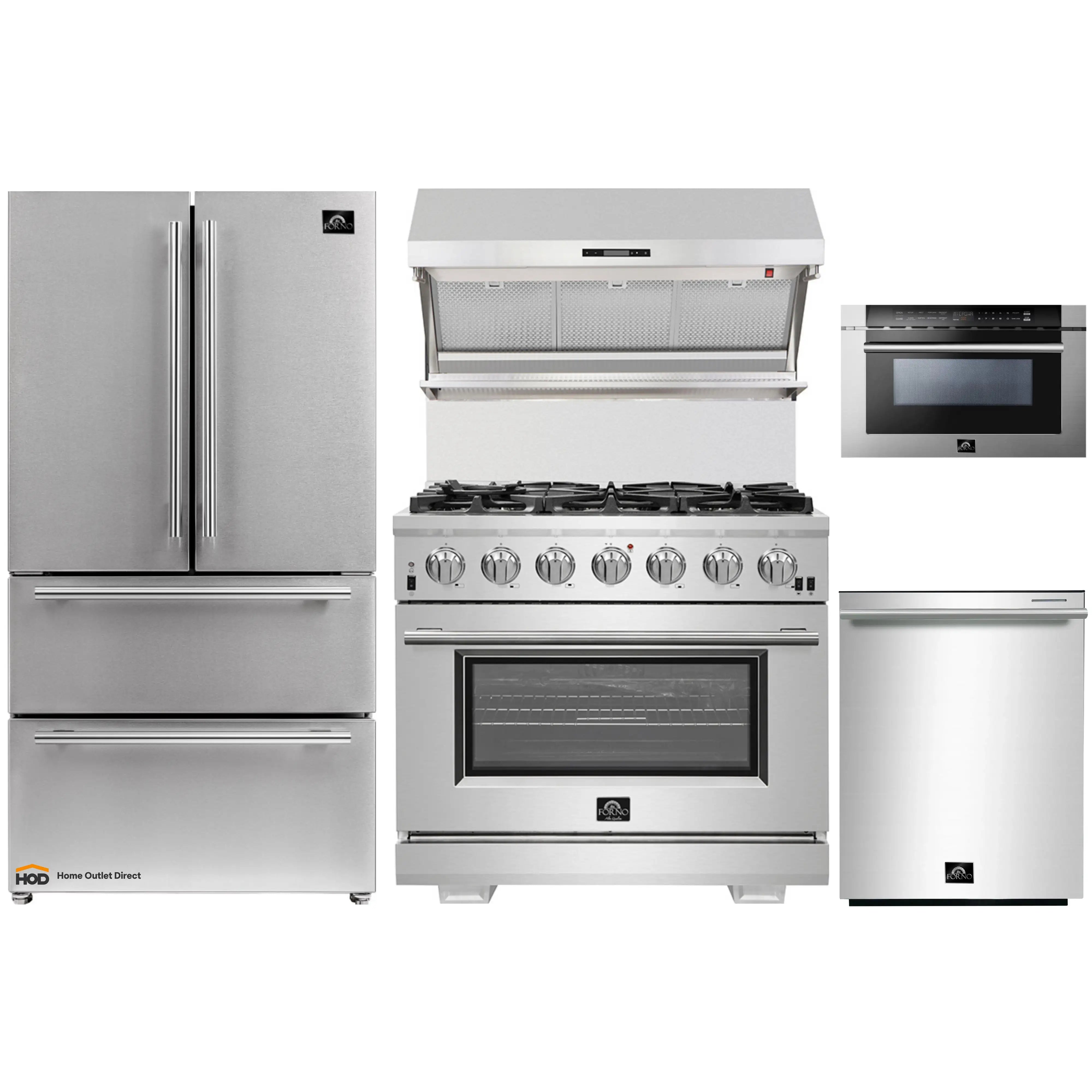 Forno 5-Piece Pro Appliance Package - 36-Inch Gas Range, Refrigerator, Wall Mount Hood with Backsplash, 24-Inch Microwave Drawer, & 3-Rack Dishwasher in Stainless Steel