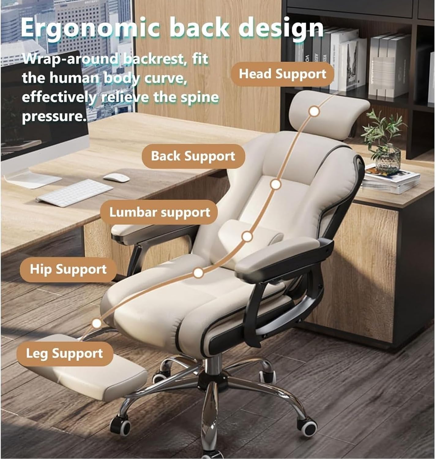 Height Adjustable Chair Swivel Gaming Chair Task Chair with Arms and Wheels,Leather Office Chair Back Support Executive Chair for Adult Computer Chair Latex Cushion/Pin(Beige/B