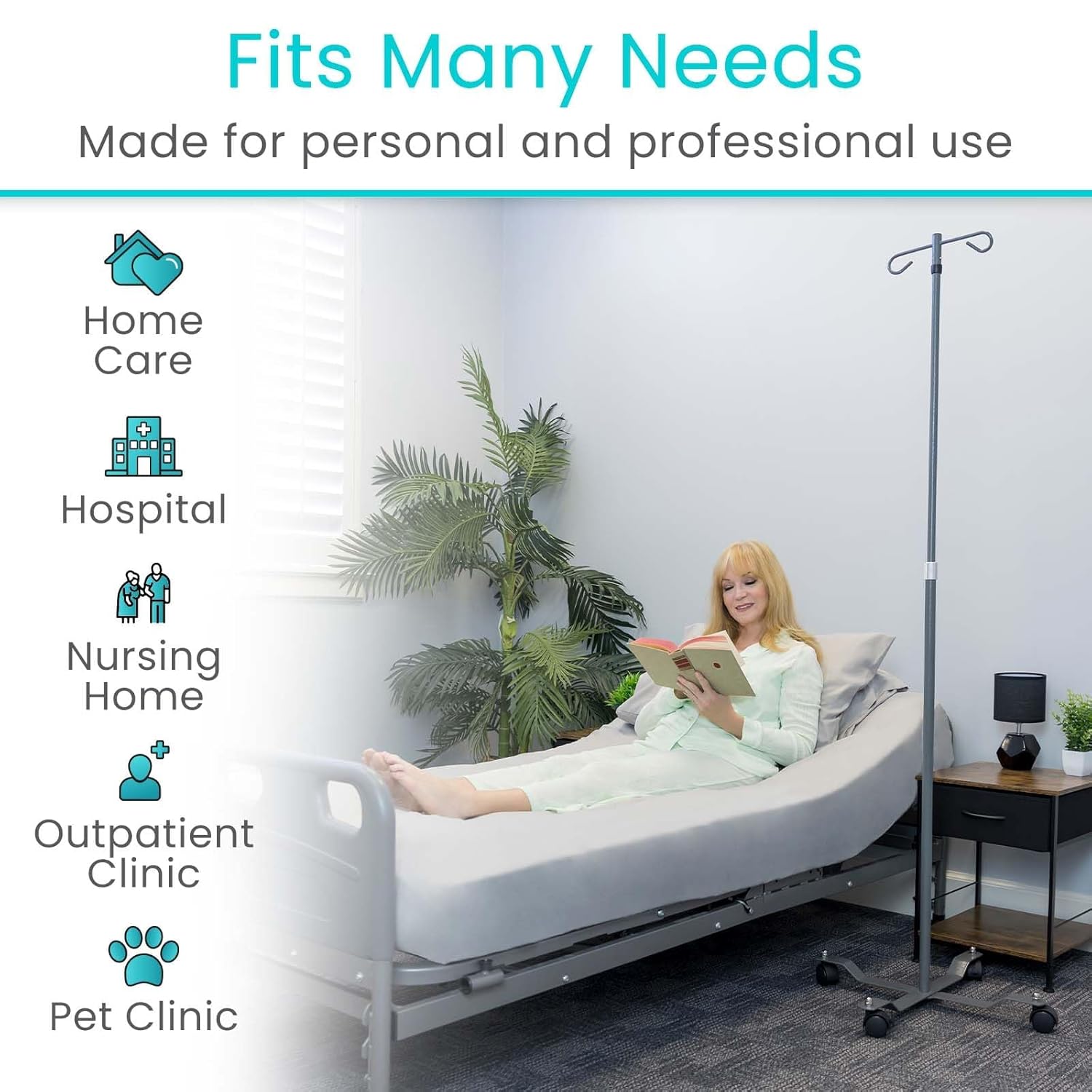 Vive IV Pole with Wheels (4 Pack) - IV Fluids Bag Stand with 2 Hooks and Adjustable Height - Portable IV Pole for Home Care, Hospitals, Clinics and Travel - Safe and Easy to Move Medical IV Drip Stand