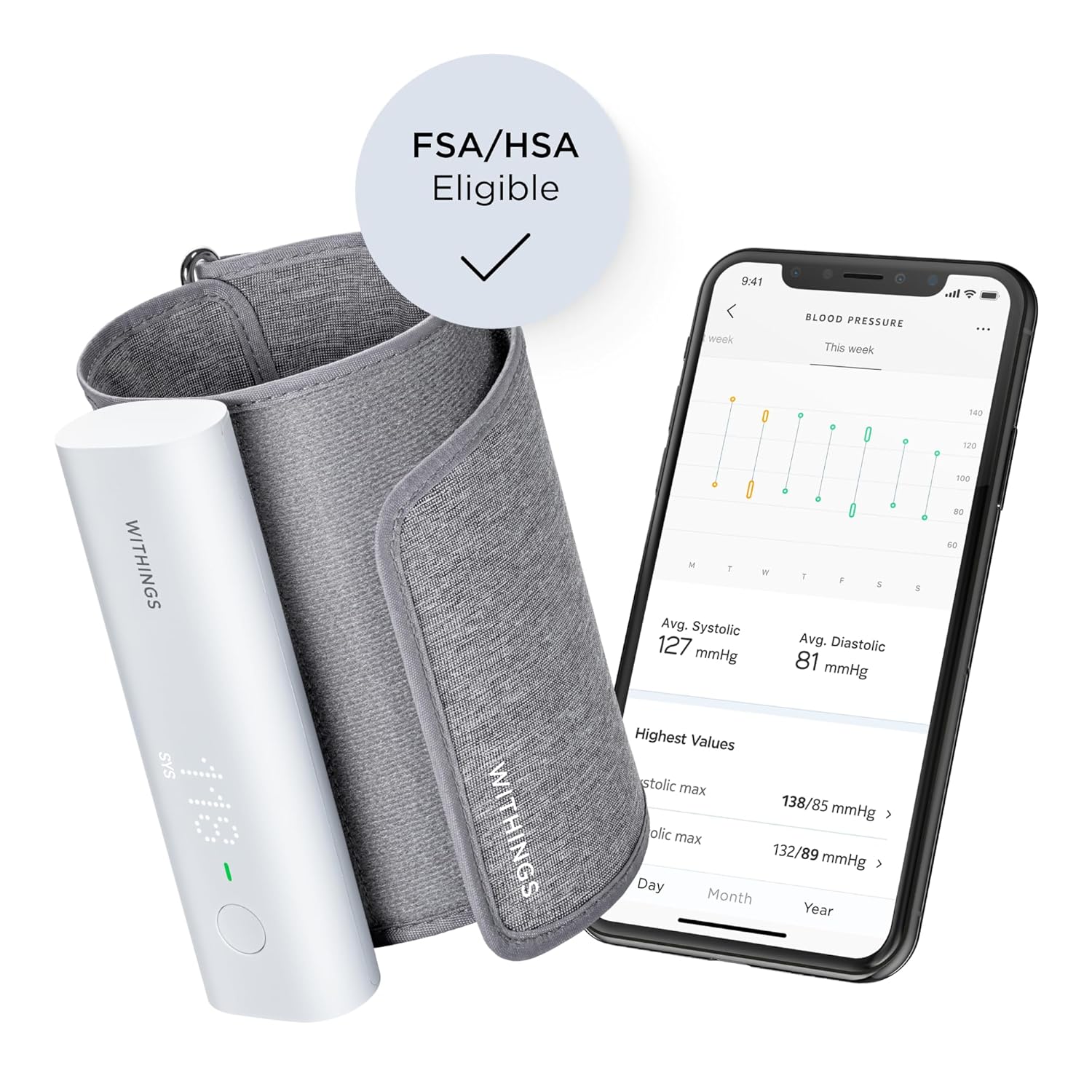 Withings BPM Connect - Digital Blood Pressure Cuff & Heart Rate Monitor - Blood Pressure Machine Arm Cuff, FDA Cleared, FSA/HSA Eligible, IOS & Android