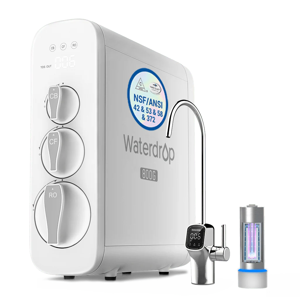 Waterdrop Reverse Osmosis System with UV Sterilizing Light, 800 GPD Fast Flow, NSF/ANSI 42 & 53 & 58 & 372 Certified, 3:1 Pure to Drain, Tankless Under Sink RO Water Filter System, LED Purifier, Smart Faucet (WD-G3P800-W-FC)