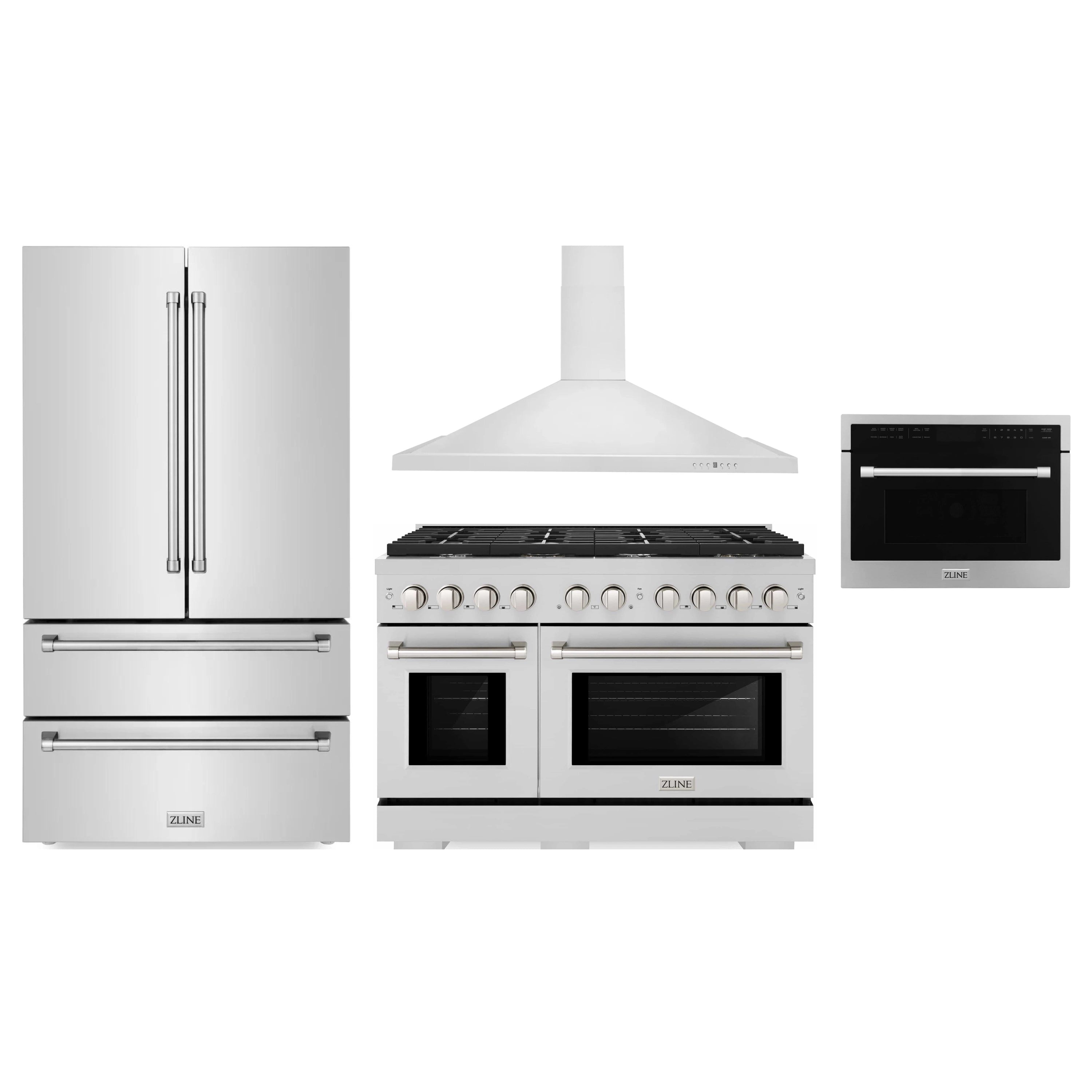 ZLINE 4-Piece Appliance Package - 48-Inch Gas Range, Refrigerator, Convertible Wall Mount Hood, and Microwave Oven in Stainless Steel (4KPR-SGRRH48-MO)