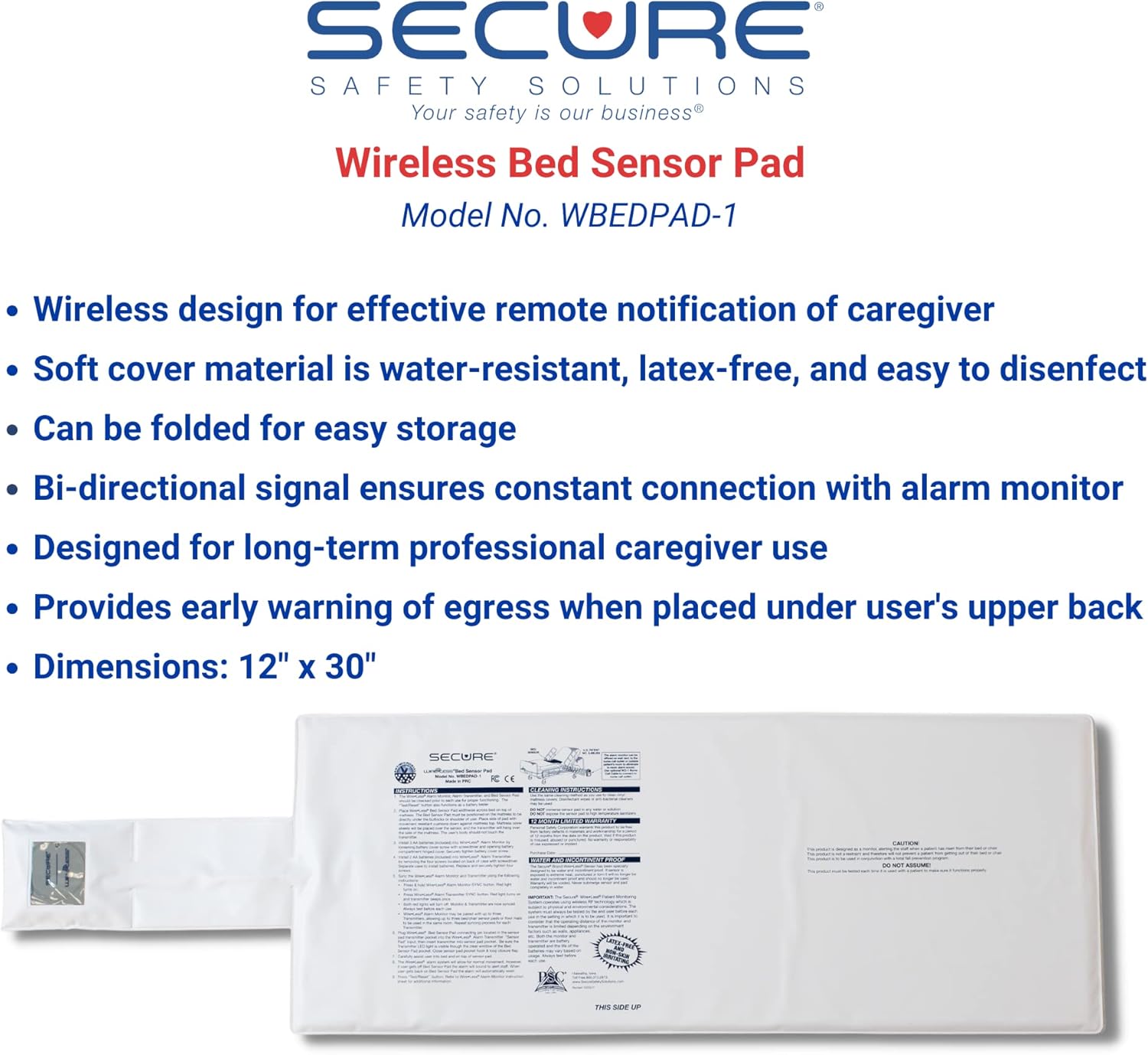 Secure Safety Solutions Wireless Chair and Bed Alarm Set - 12x12 and 12x30 Cordless Sensor Pads - Elderly Fall Prevention, Caregiver Alert System, Dementia Patient Safety, Seniors Monitoring