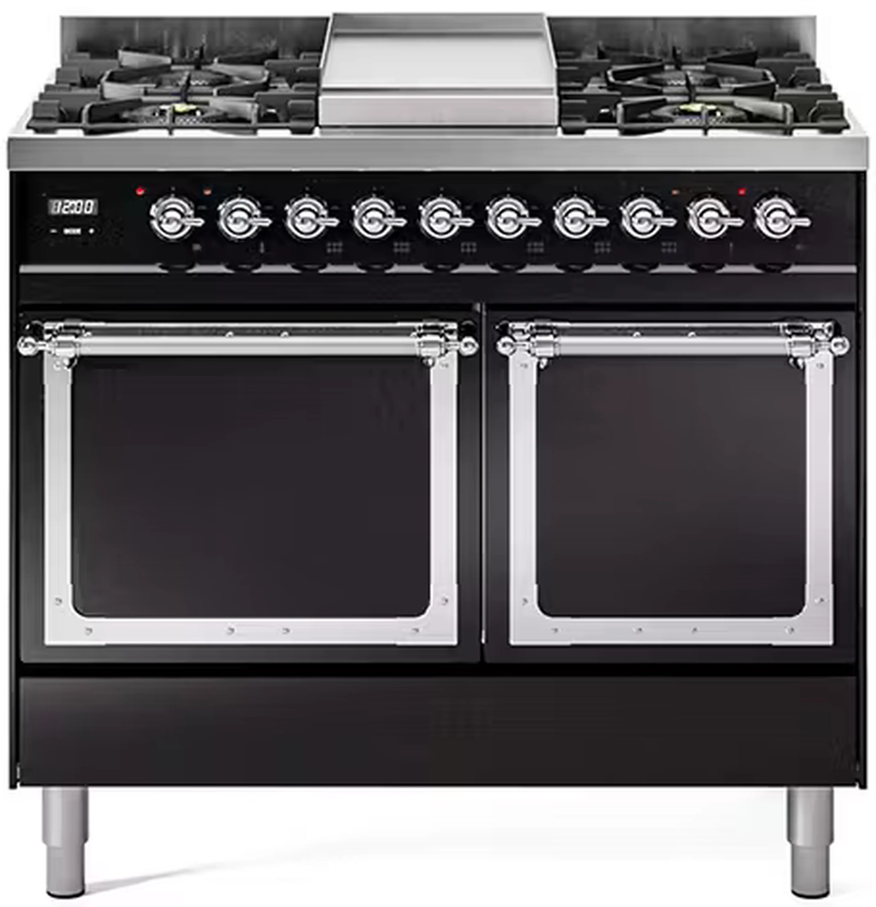 ILVE 40-Inch Nostalgie II Noblesse Dual Fuel Range with Solid DOor Oven in Glossy Black with Chrome Trim (UND40FQNMPBKC)
