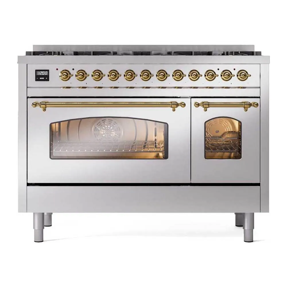 ILVE Nostalgie II Limited Edition 48-Inch Dual Fuel Range with 8 Gas Brass Burners and Electric Oven in Stainless Steel (UP488NMPSSG)