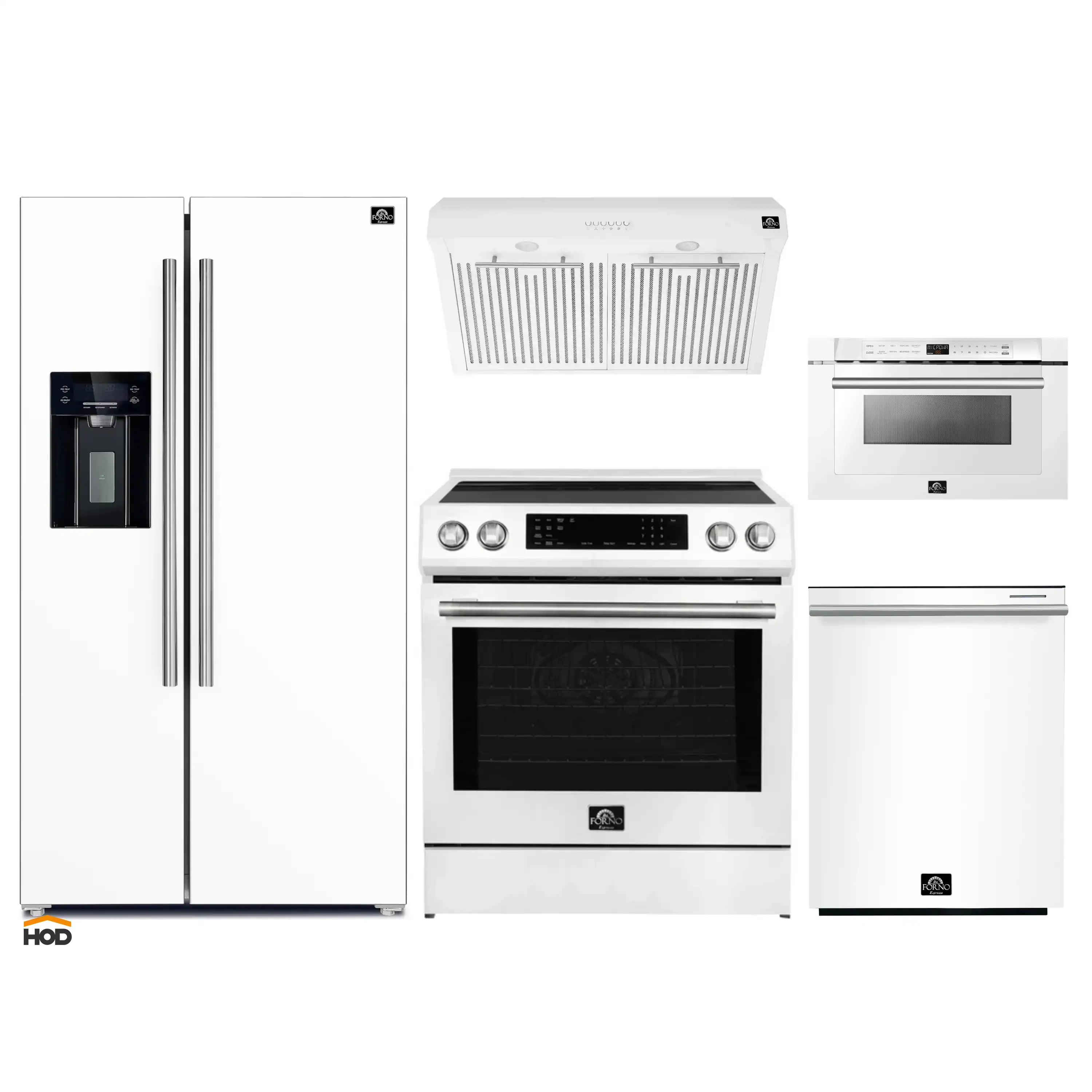Forno 5-Piece Appliance Package - 30-Inch Induction Range, Under Cabinet Range Hood, Refrigerator with Water Dispenser, Dishwasher, and 24-Inch Microwave Drawer in White with Stainless Steel Trim