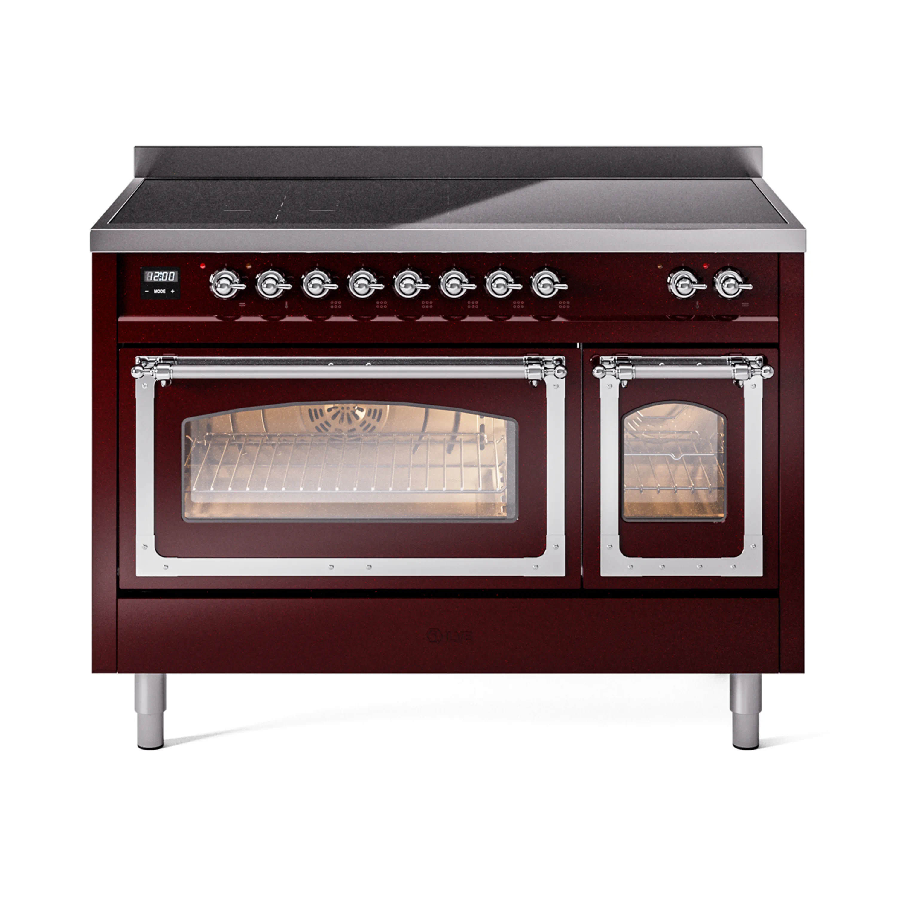 ILVE Nostalgie II Noblesse 48-Inch Induction Range with Triple Glass Door in Burgundy with Chrome Trim (UNI486NMPBUC)