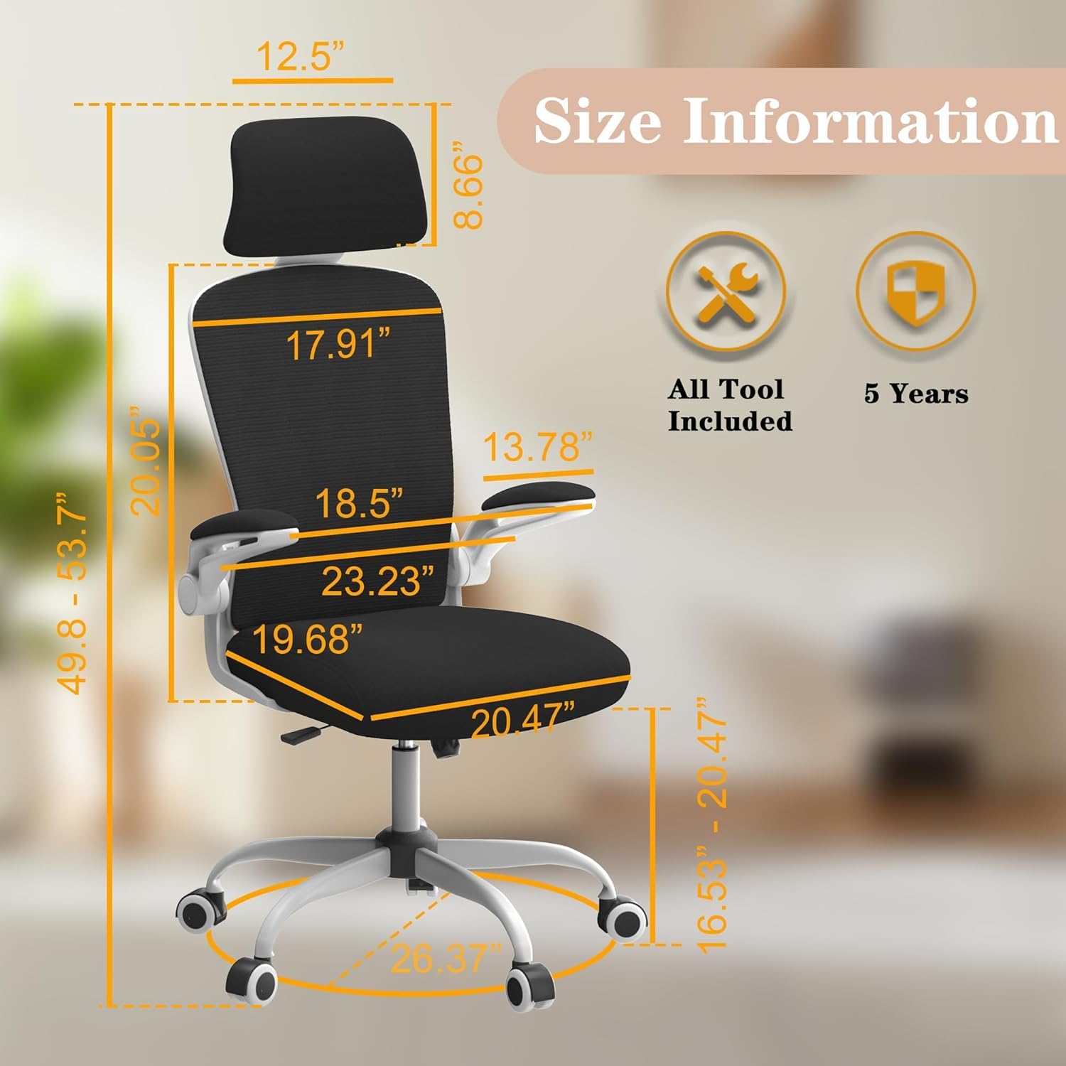 Ergonomic Mesh Office Chair for Long Hours & Back Pain Relief – Adjustable Lumbar Support & Headrest, High-Density Foam Cushion, Flip-Up Armrests, Perfect for Work & Study (White)