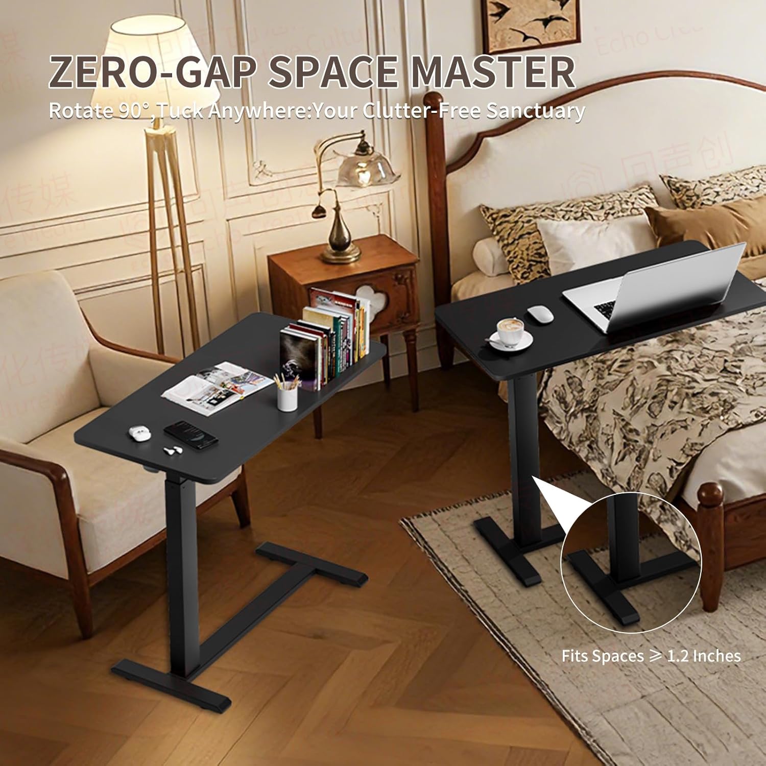 Ywin Medical Adjustable Overbed Bedside Table with Wheels, Rolling Standing Desk, Pneumatic Small Side Bed Table with Tray for Couch, Hospital, Home,Office Use (Black)