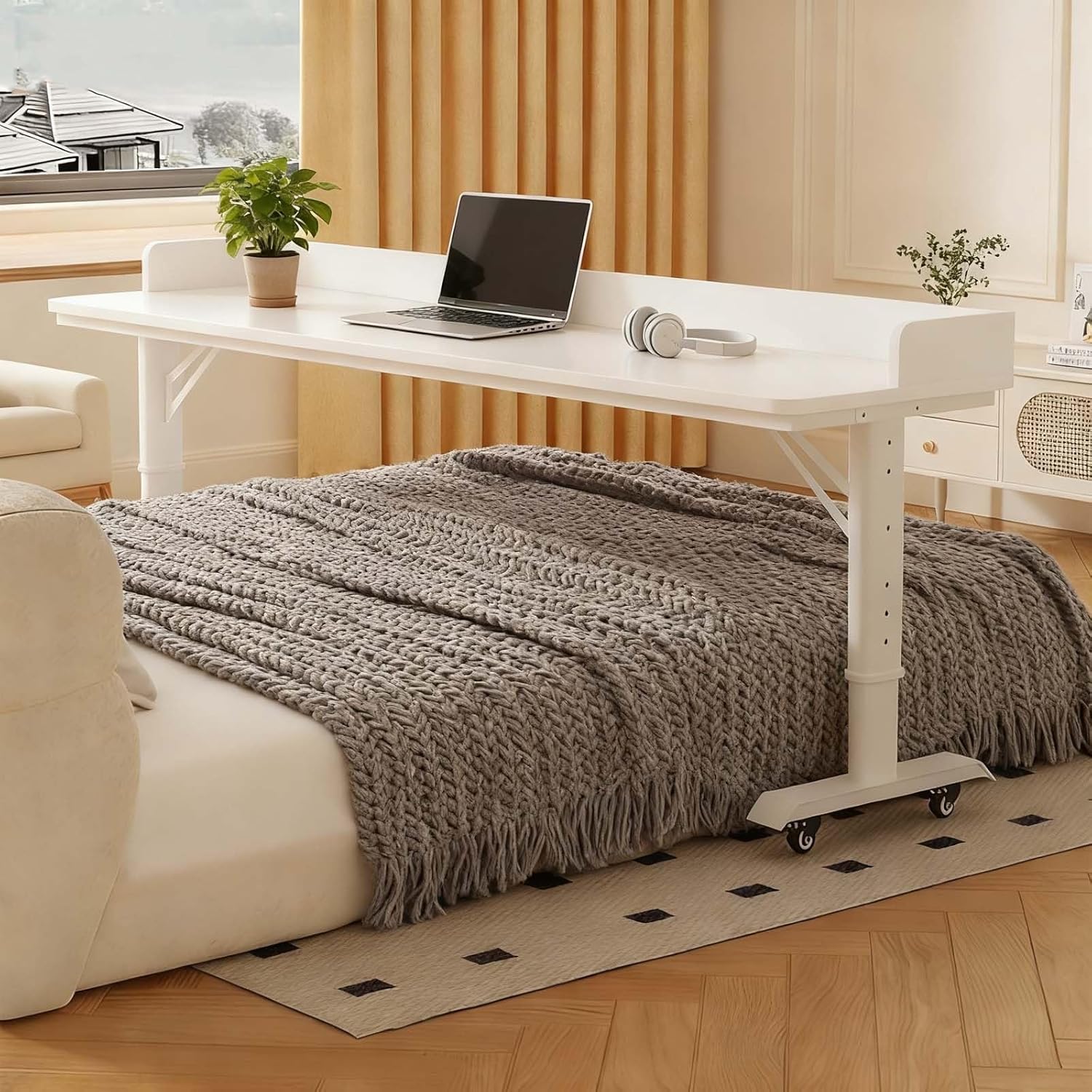 Adjustable Height Over Bed Desk with Wheels - Rolling Laptop Cart for Bedroom Work, Study, Fits King & Queen Size Beds(210x40CM)