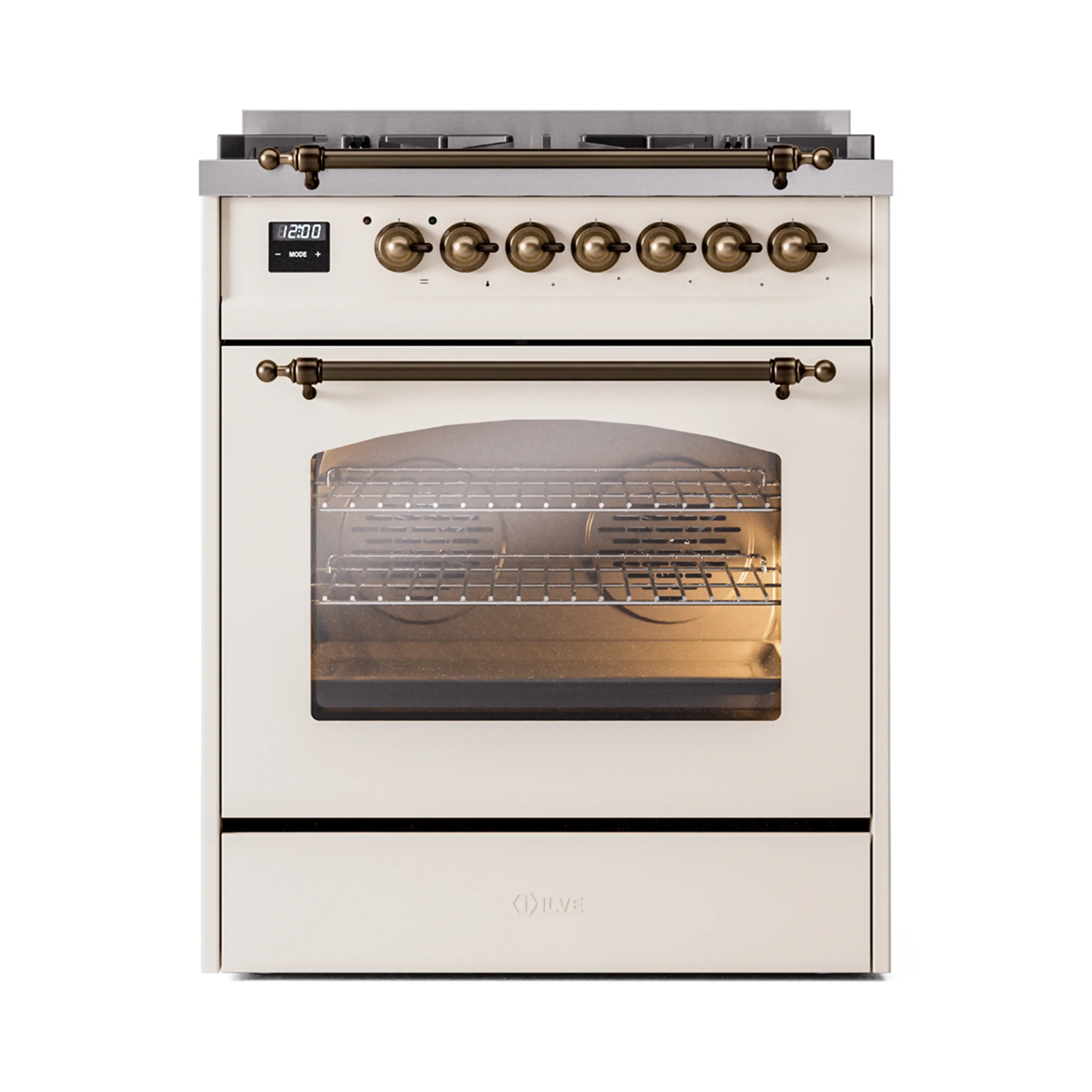 ILVE Nostalgie II 30-Inch Dual Fuel Freestanding Range in Antique White with Bronze Trim (UP30NMPAWB)