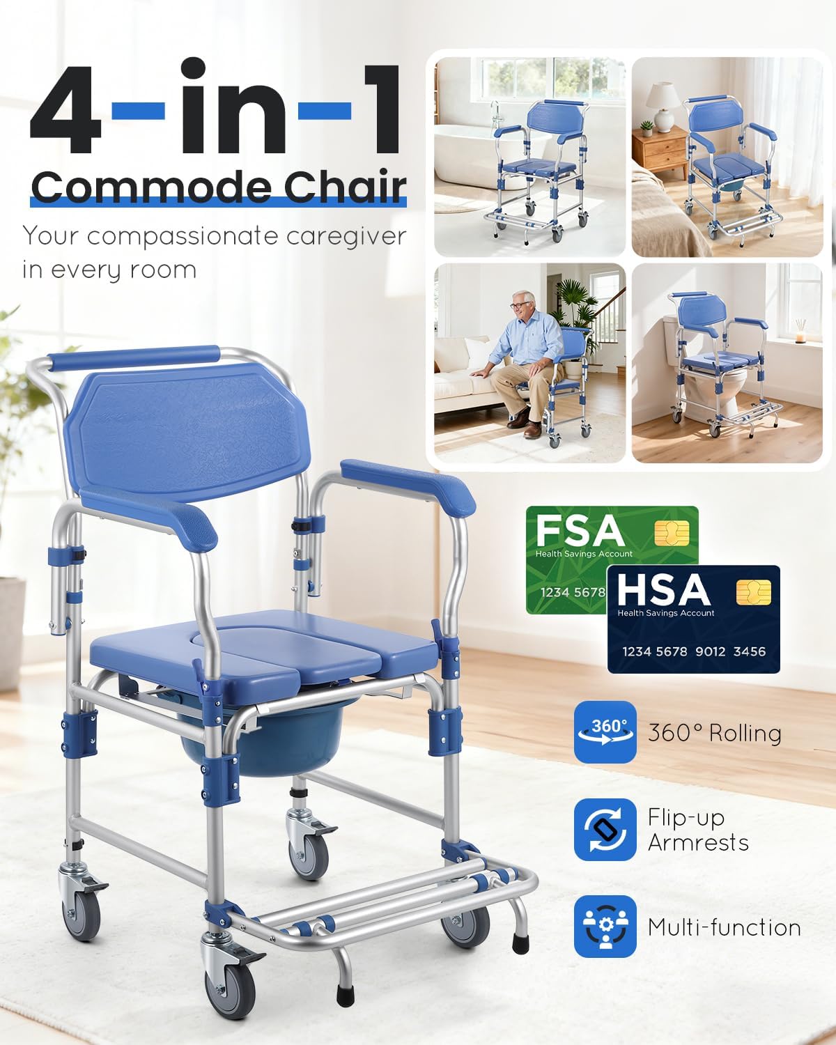 Bedside Commode Wheelchair with Drop Arms & Lockable Casters, Waterproof Aluminum Shower Chair, Anti-Tilt Foldable Footrest, Sponge Padded Seat, 330lbs Weight Capacity, 3 in 1 Bedside Commode Chair