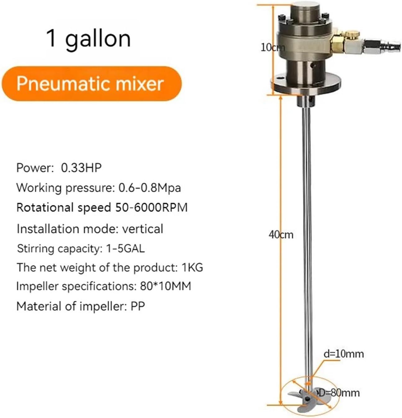 1 Gallon Air Motor Mini Air Powered Pneumatic Motor Fan Type Agitator 5 Liter Agitator Paint Liquid Mixer Stirring Machine 1/16(Plastic blades)