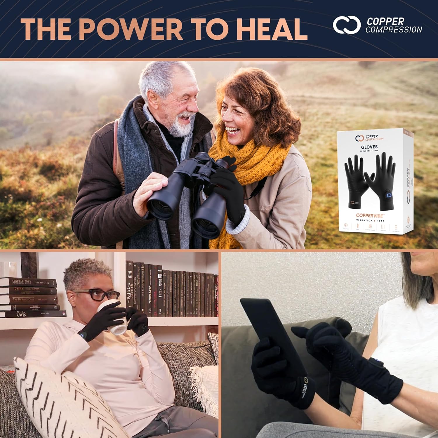 Copper Compression CopperVibe Vibration & Heat Gloves - Heated Hand Massage - FSA Flexible Spending Account