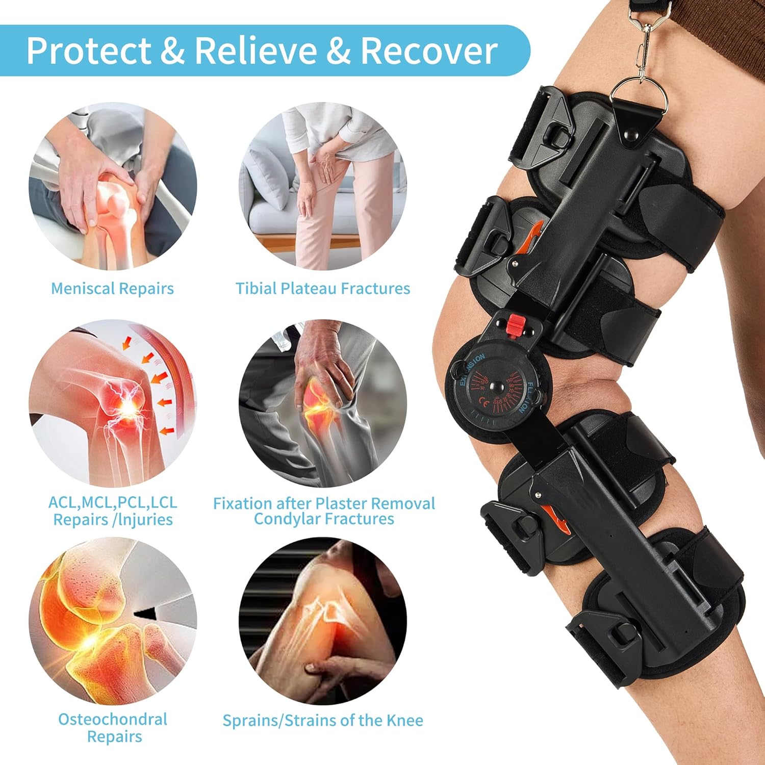 Hinged Knee Brace with Shoulder Strap, Post OP Medical Knee Stabilizer, Adjustable ROM Knee Support, for ACL, Post ACL and Cruciate Ligament Injury Rehabilitation Fit Right or Left Foot Unisex