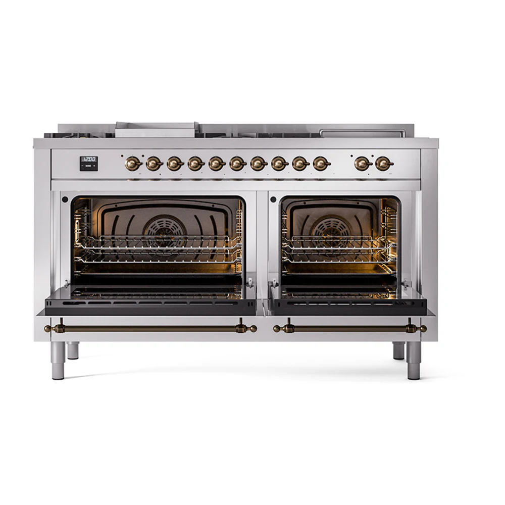 ILVE Nostalgie II 60-Inch Dual Fuel Range with 7 Burners, Griddle, & French Top with Solid Door Oven in Stainless Steel with Bronze Trim (UP60FSQNMPSSB)