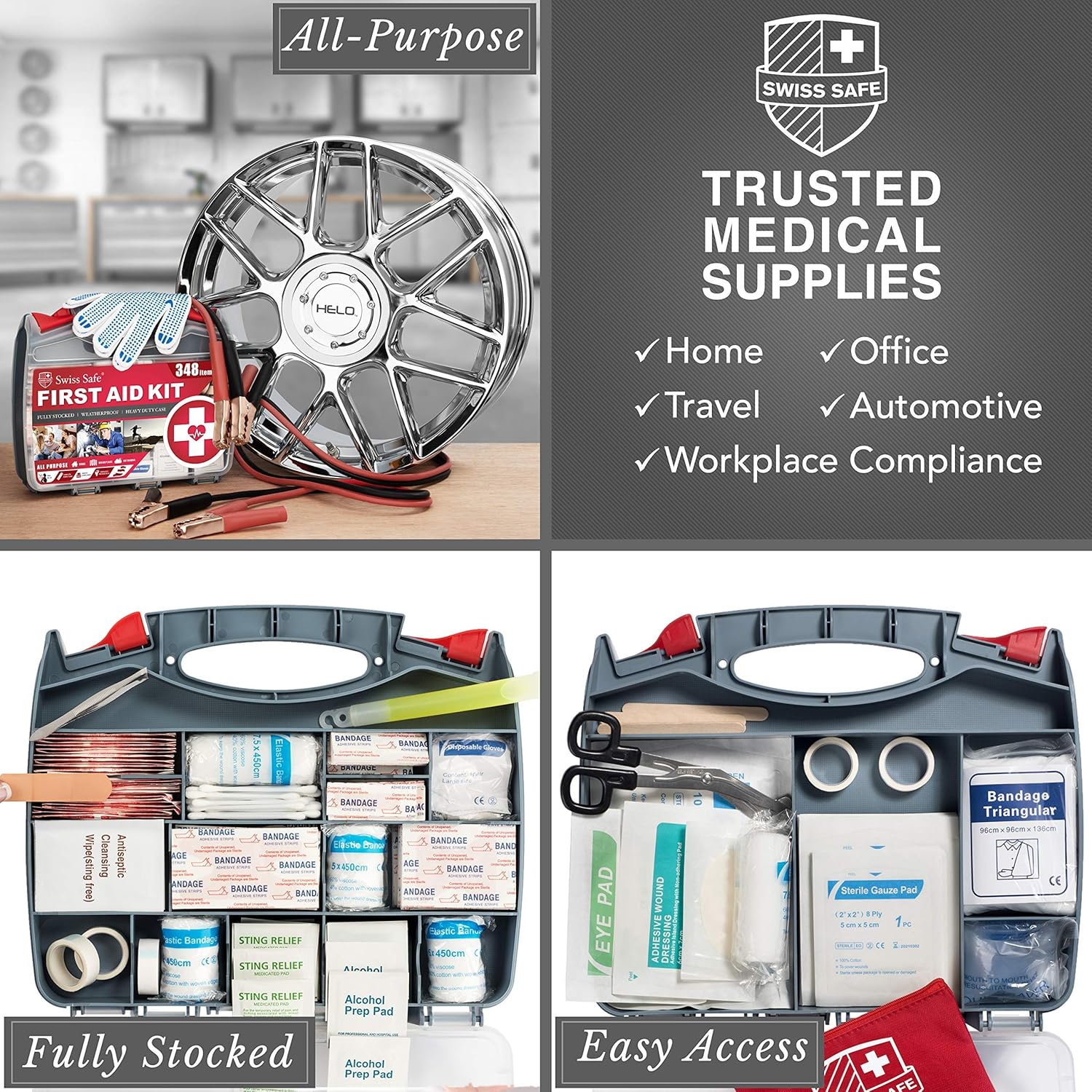 Swiss Safe 2-in-1 Car Emergency Kit | 12-FT Heavy-Duty Jumper Cables & 378-Piece Comprehensive Car First Aid Kit | Compact Roadside Auto Essentials for Vehicle Safety