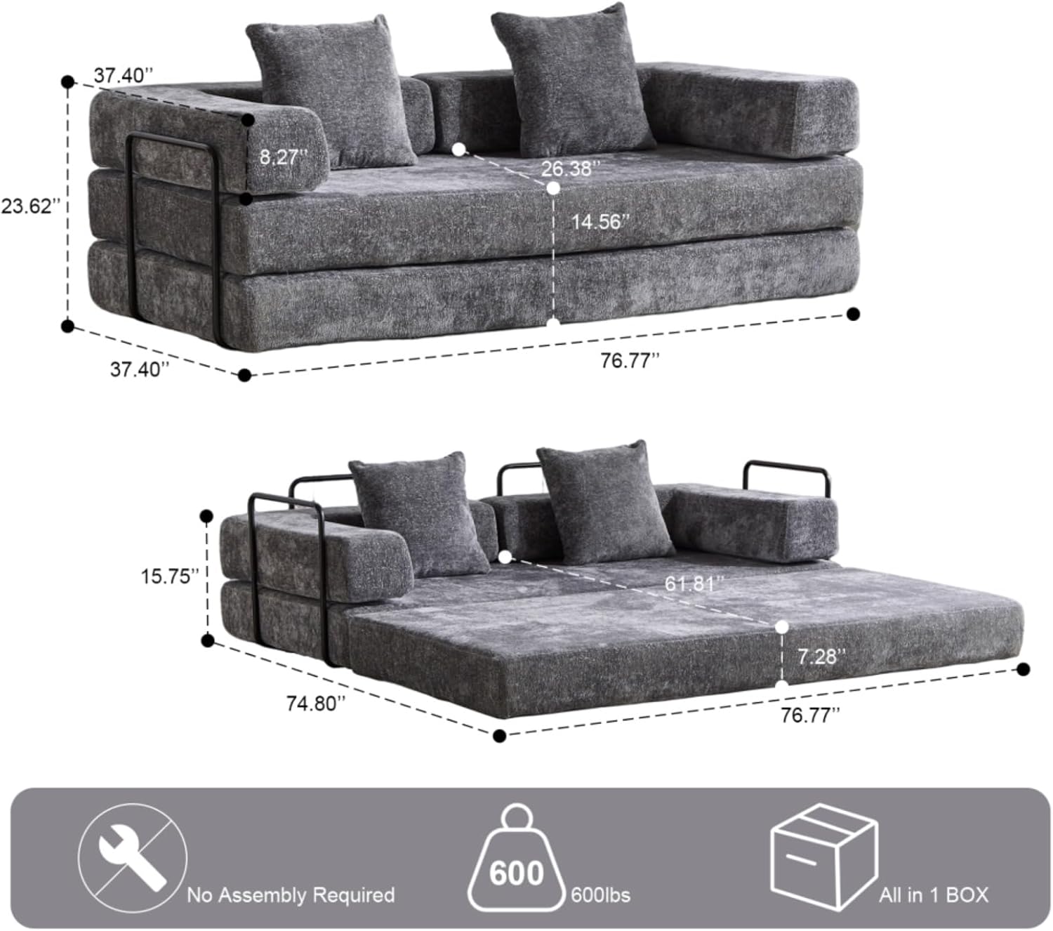 Hassyee Convertible Floor Sofa Bed with Pillow Back Support Armrest, Comfy Futon Floor Compression Couch Lounge Sleeper Bed with Chenille Fabric, for Living Room Bedroom (Dark Grey)