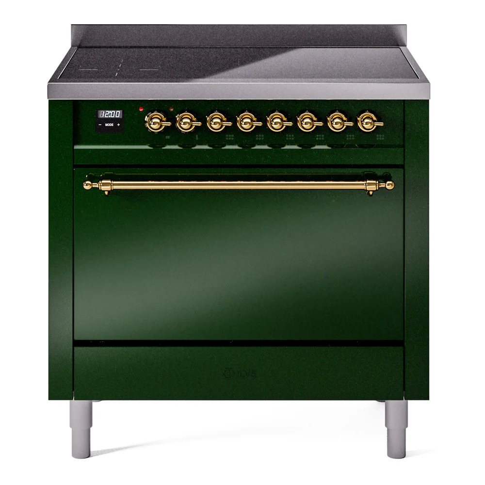 ILVE 36-Inch Nostalgie II Induction Range with Solid Door Oven in Emerald Green with Brass Trim (UPI366QNMPEGG)