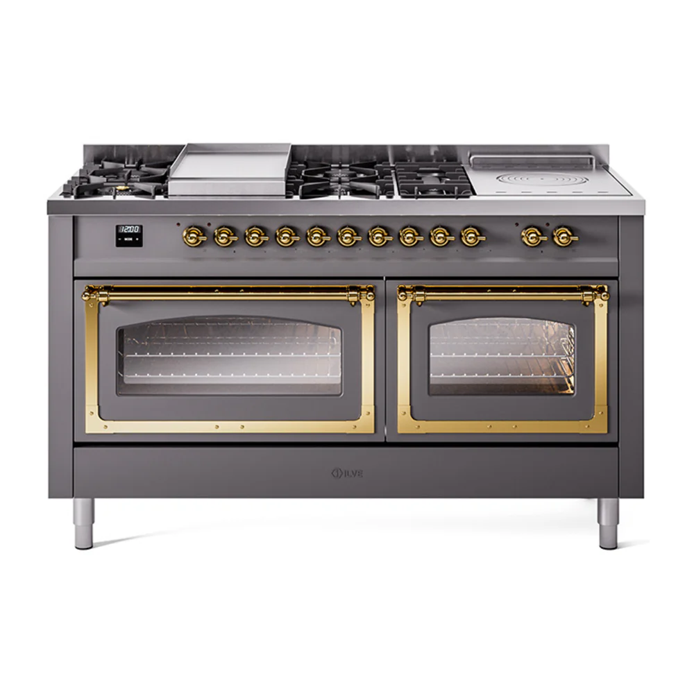 ILVE Nostalgie II Noblesse 60-Inch Dual Fuel Range with 7 Burners, Griddle, & French Top with Triple Glass Door Oven in Matte Graphite with Brass Trim (UN60FSNMPMGG)
