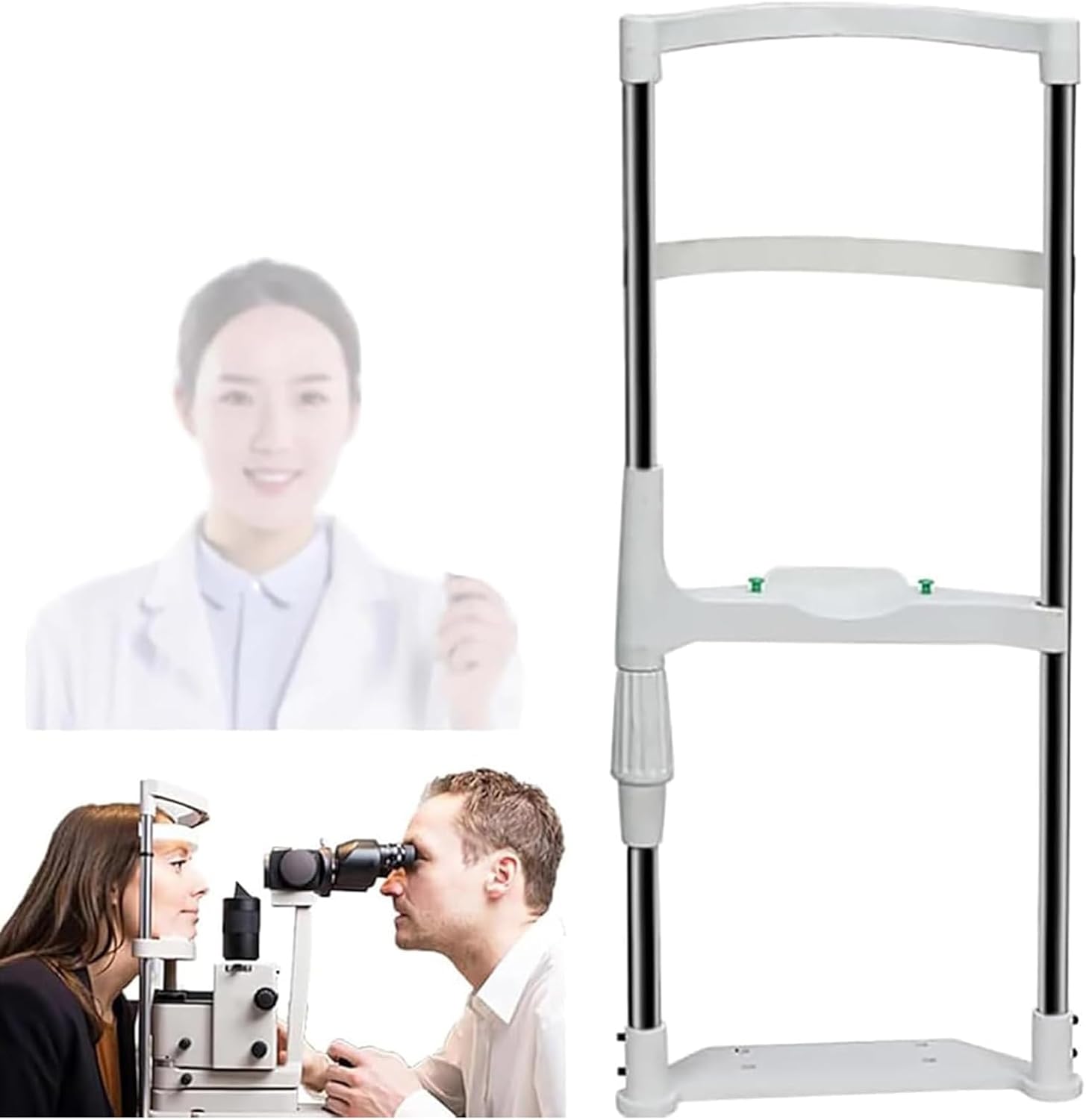 This is a Chin Rest for Eye Exams, an H-Shaped Forehead Rest with an Adjustable Knob, Suitable for Use During Ophthalmic Examinations.