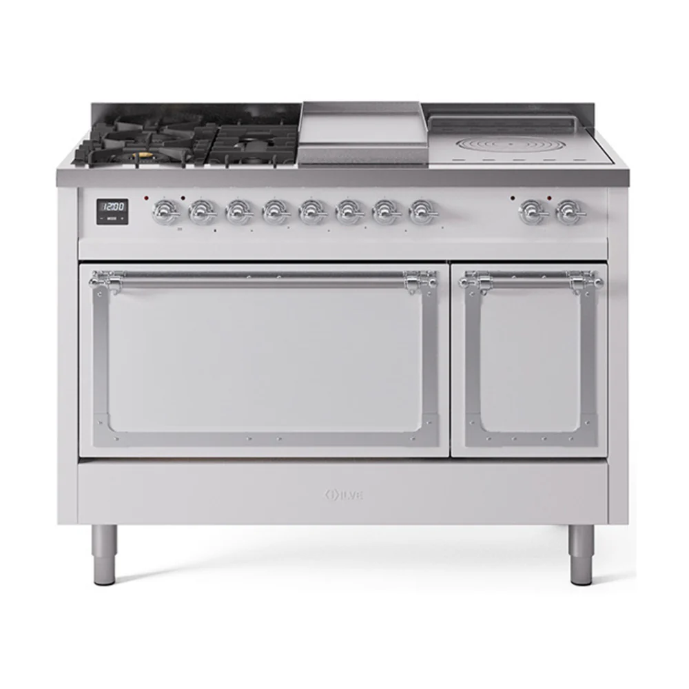 ILVE 48-Inch Nostalgie II Noblesse Dual Fuel Range with 5 Sealed Burners, Griddle, French Top and Solid Door Oven in White with Chrome Trim (UN48FSQNMPWHC)