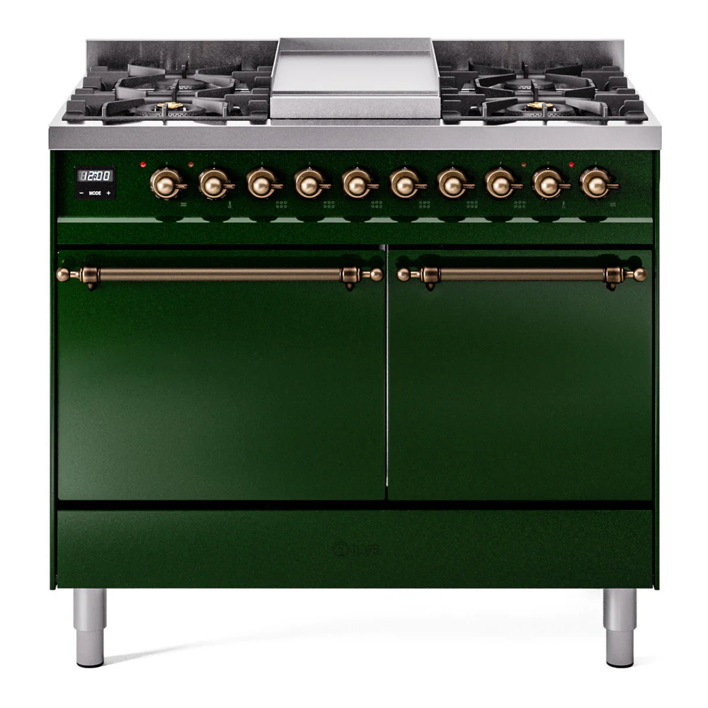 ILVE 40-Inch Nostalgie II Dual Fuel Range with 6 Burners, Griddle and Solid Door Oven in Emerald Green with Bronze Trim (UPD40FQNMPEGB)