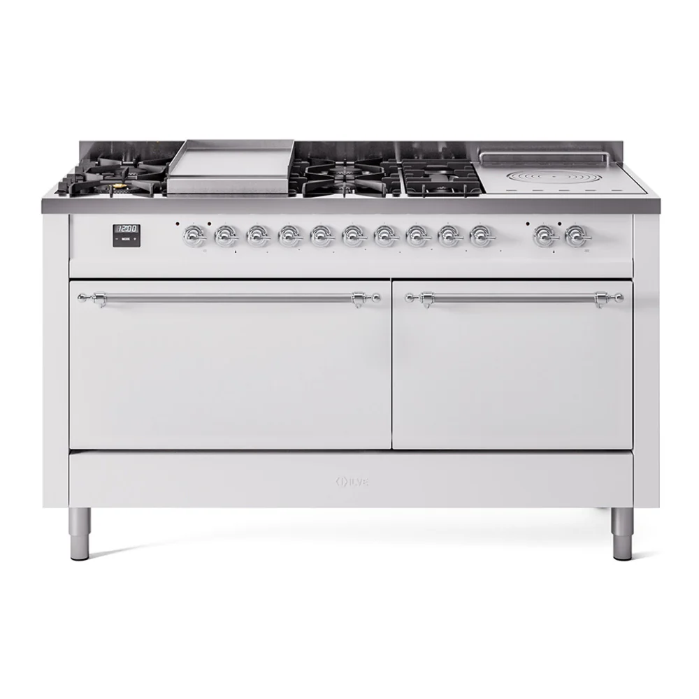 ILVE Nostalgie II 60-Inch Dual Fuel Range with 7 Burners, Griddle, & French Top with Solid Door Oven in White with Chrome Trim (UP60FSQNMPWHC)