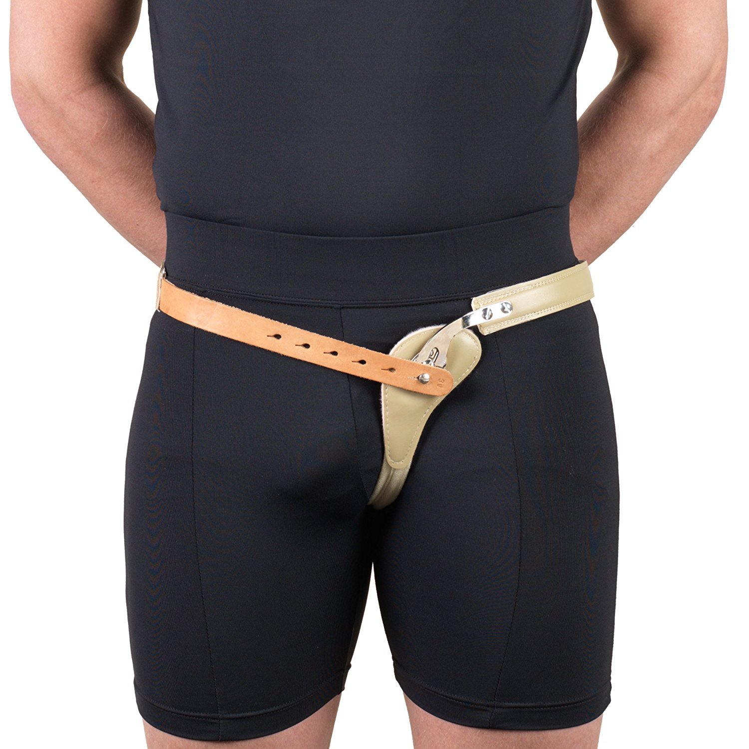 Truform-OTC Hernia Truss, Single Spring, Scrotal Pad Compression, Leather, Congenital Hernia Relief, 36 inch Hip (Left)