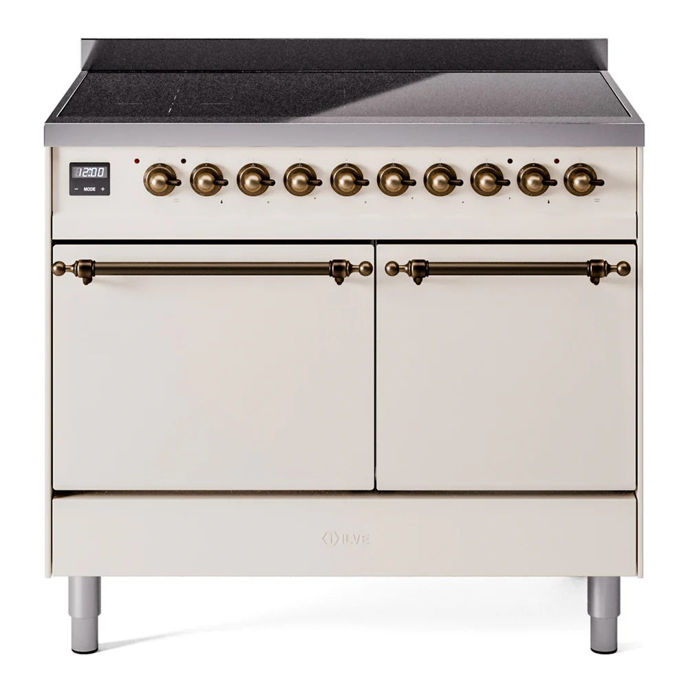 ILVE 40-Inch Nostalgie II Induction Range with Solid Door Oven in Antique White with Bronze Trim (UPDI406QNMPAWB)