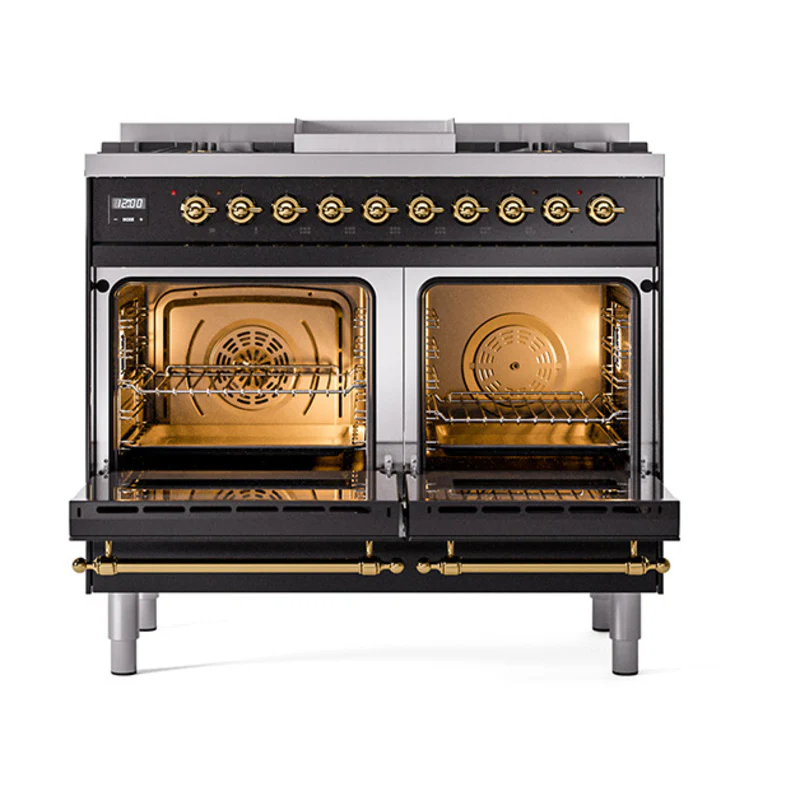ILVE 40-Inch Nostalgie II Noblesse Dual Fuel Range with Solid Door Oven in Glossy Black with Brass Trim (UND40FQNMPBKG)