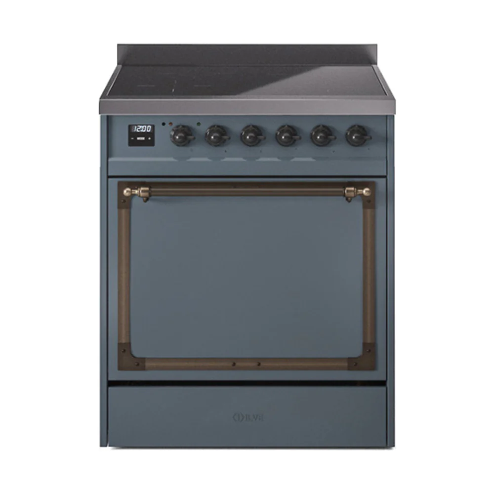 ILVE 30-Inch Nostalgie II Noblesse Induction Range with Solid Door Oven in Blue Grey with Bronze Trim (UNI304QNMPBGB)