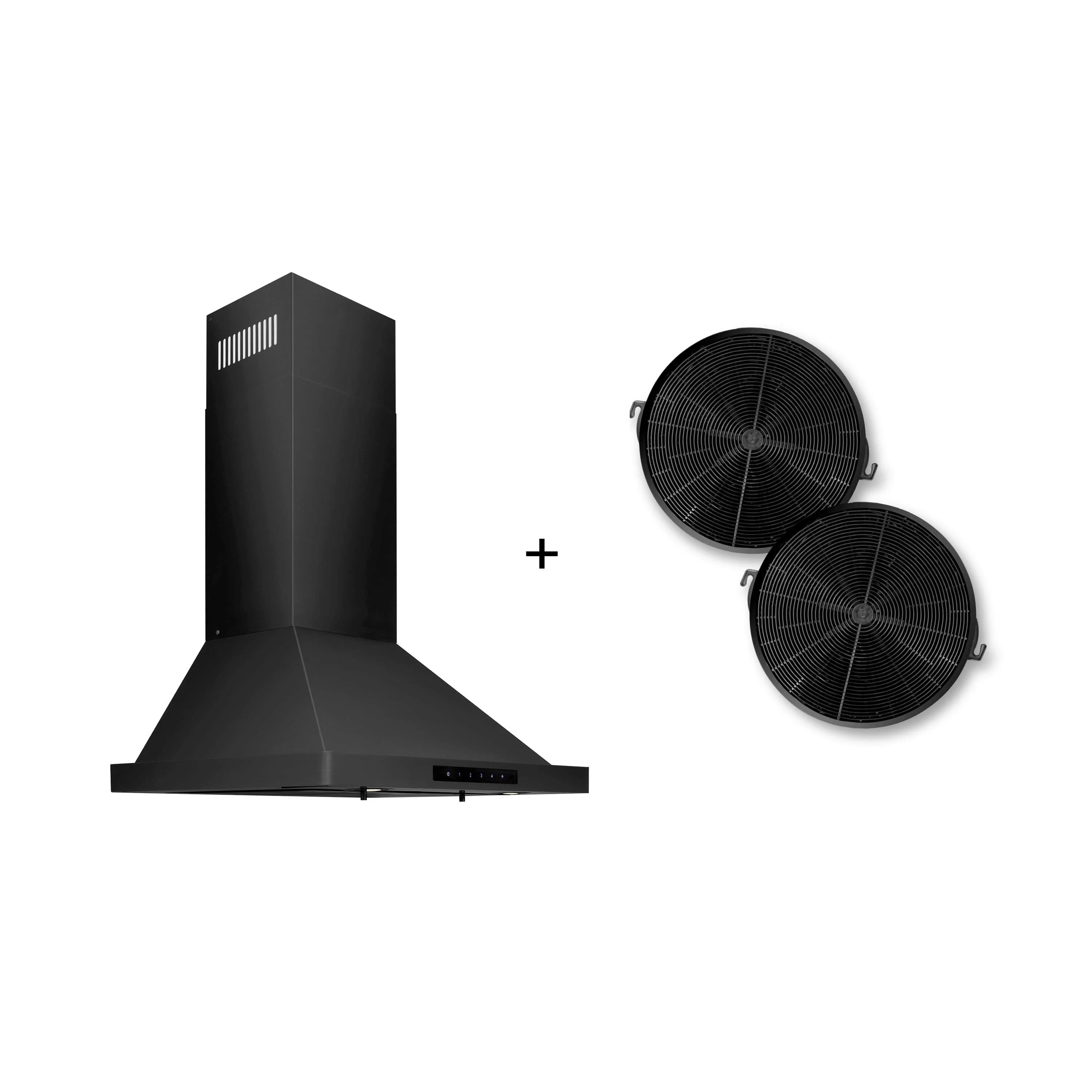ZLINE 24-Inch Convertible Wall Mount Range Hood in Black Stainless Steel with Set of 2 Charcoal Filters, LED lighting, Baffle Filters (BSKBN-CF-24)
