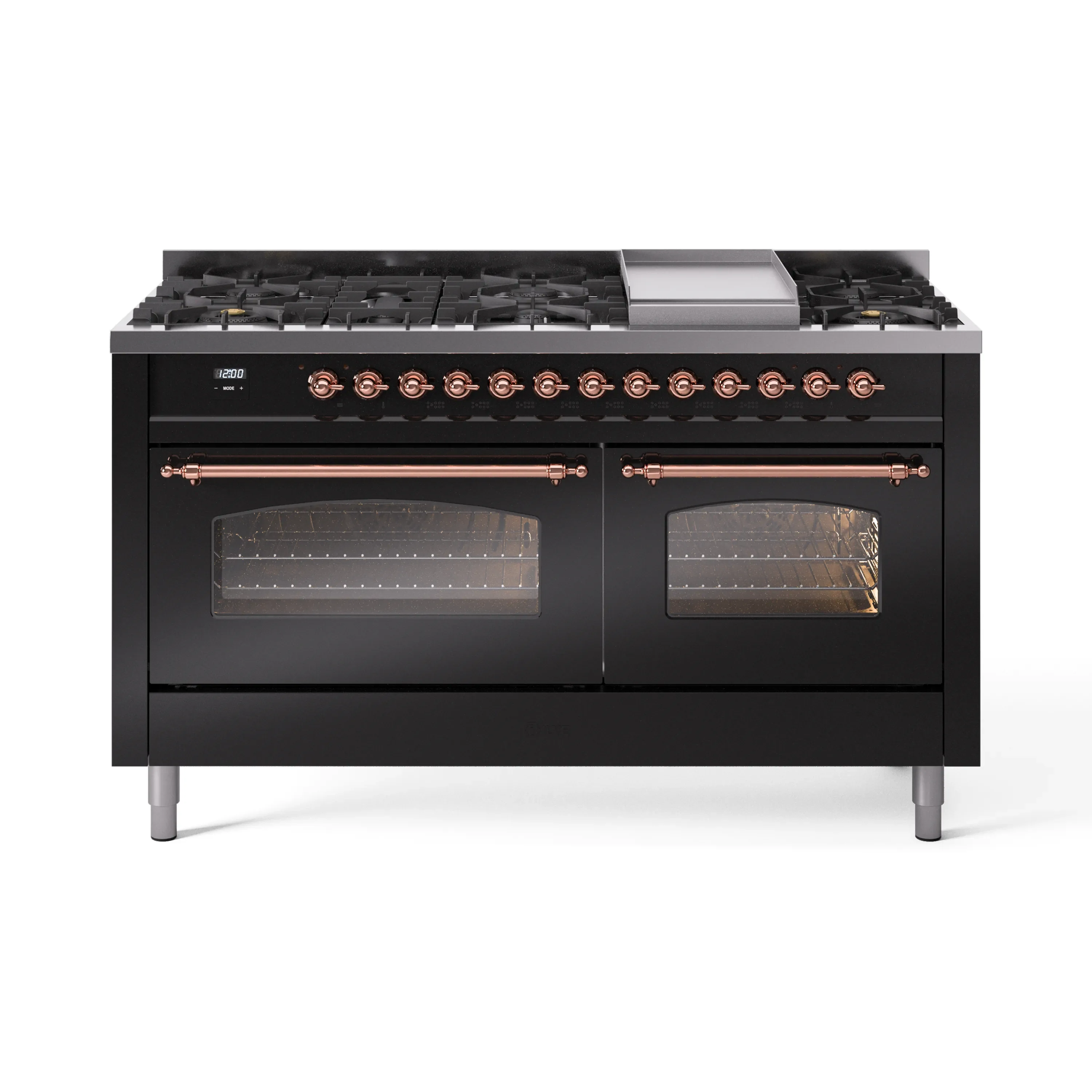 ILVE 60-Inch Nostalgie II Dual Fuel Range with 9 Burners, Griddle and Triple Glass Door Oven in Glossy Black with Copper Trim (UP60FNMPBKP)