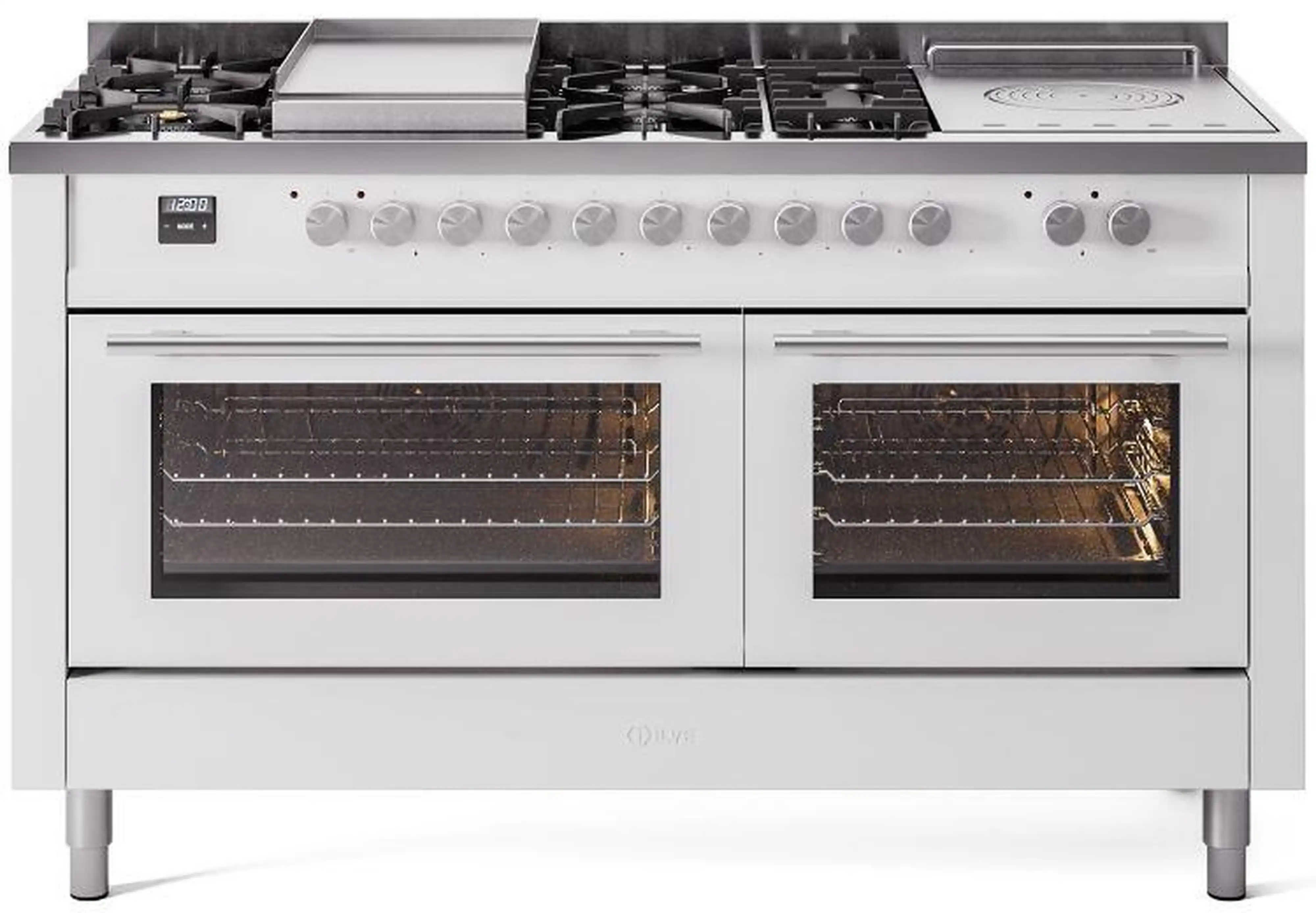 ILVE Professional Plus II 60-Inch Dual Fuel Range with 7 Burners, Griddle, & French Top with Triple Glass Door Oven in White (UP60FSWMPWH)