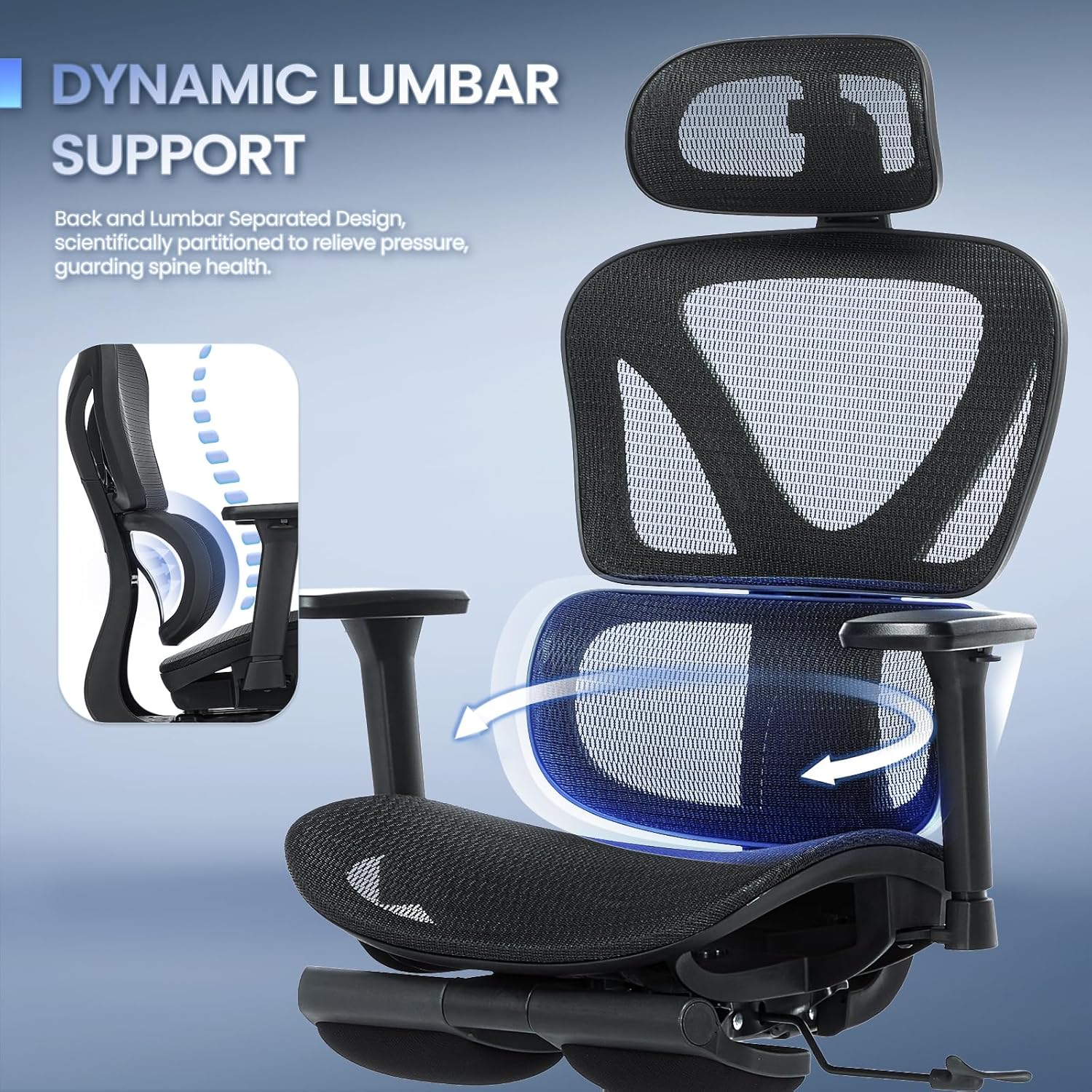 Ergonomic Office Chair with Footrest, Mesh Home Office Computer Chair with Adjustable Headrest and 3D Arms, Backrest Height, Tilt Lock and Lumbar Support, 300LBS