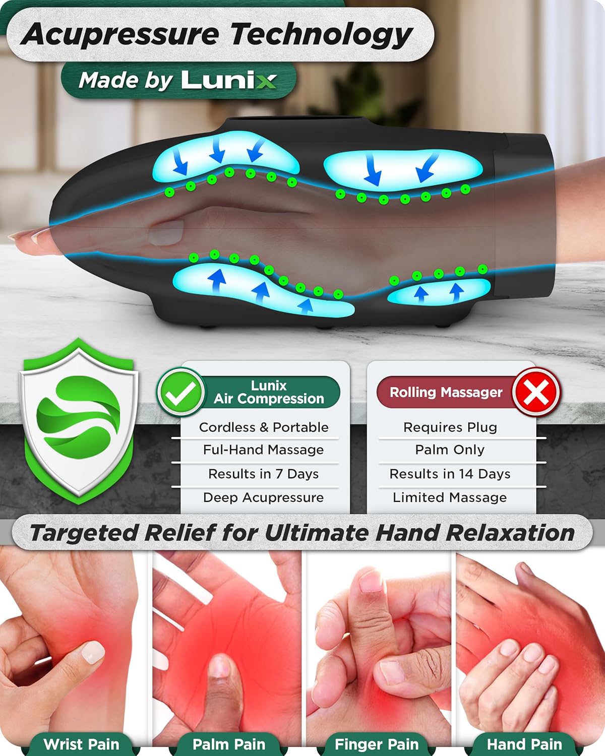 Lunix LX7 Electric Hand Massager with Compression, Pressure Point Therapy for Arthritis, Pain Relief and Carpal Tunnel, Shiatsu Massage Machine with Heat, with Hand Warmer, Black