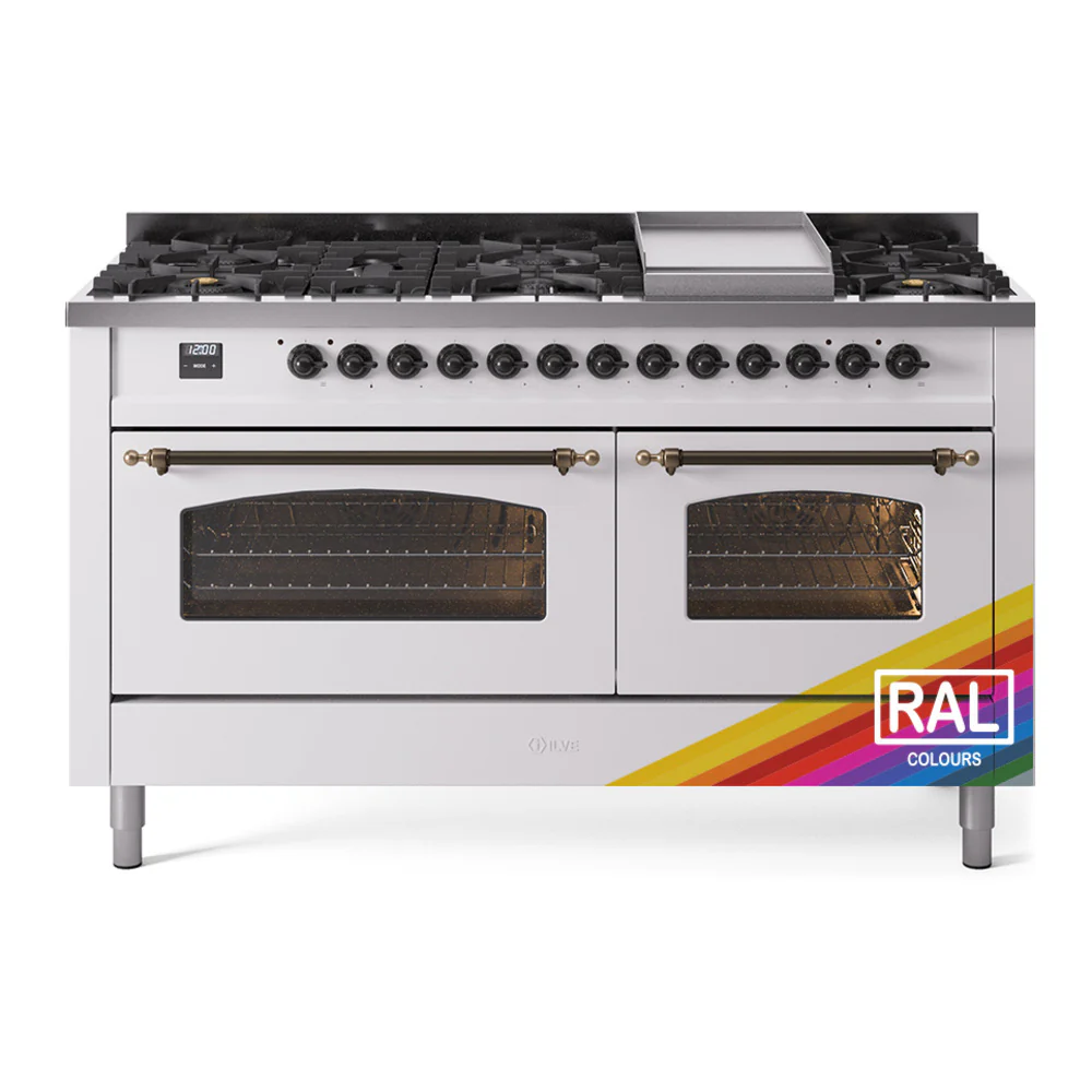 ILVE 60-Inch Nostalgie II Dual Fuel Range with 9 Burners, Griddle and Triple Glass Door Oven in Custom RAL with Bronze Trim (UP60FNMPRAB)