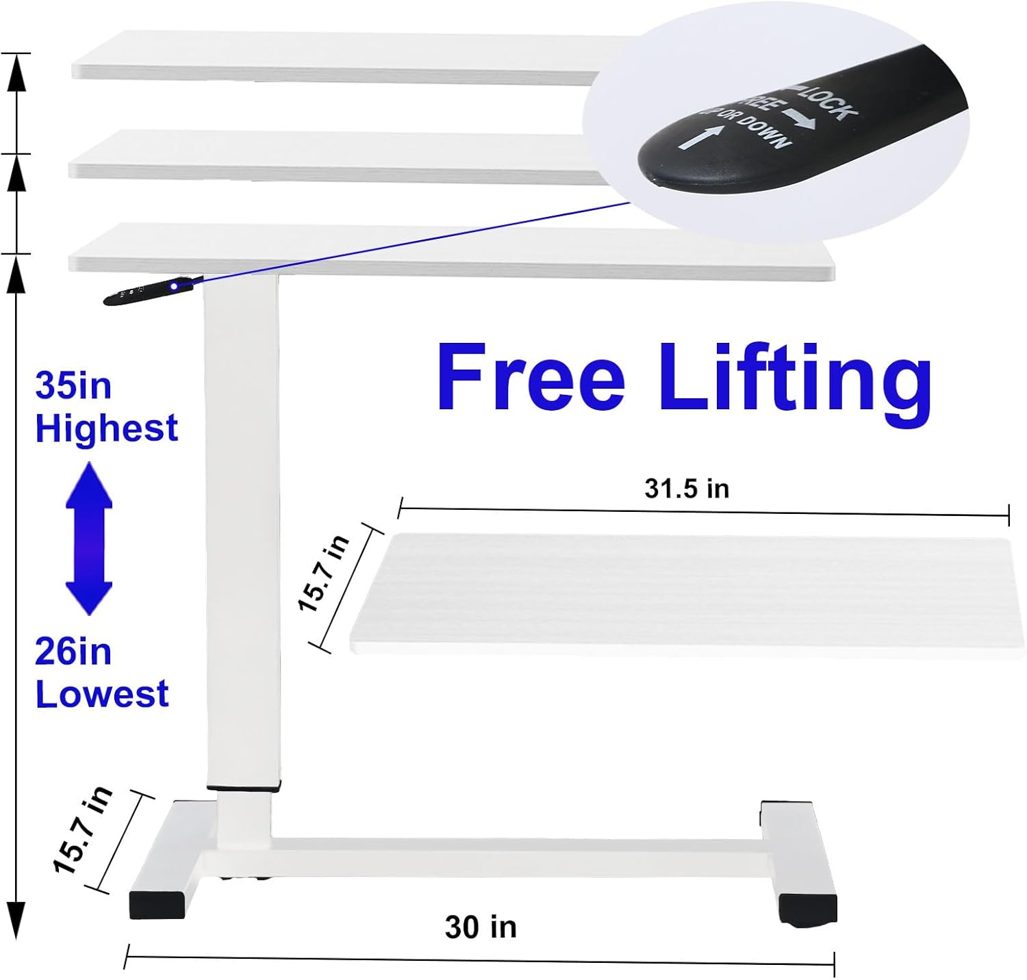 Overbed Table with Swivel Hidden Wheels Adjustable Height, Pneumatic Mobile Standing Desk Laptop Bedside Table Multi-Purpose for Home and Hospital Use (White)