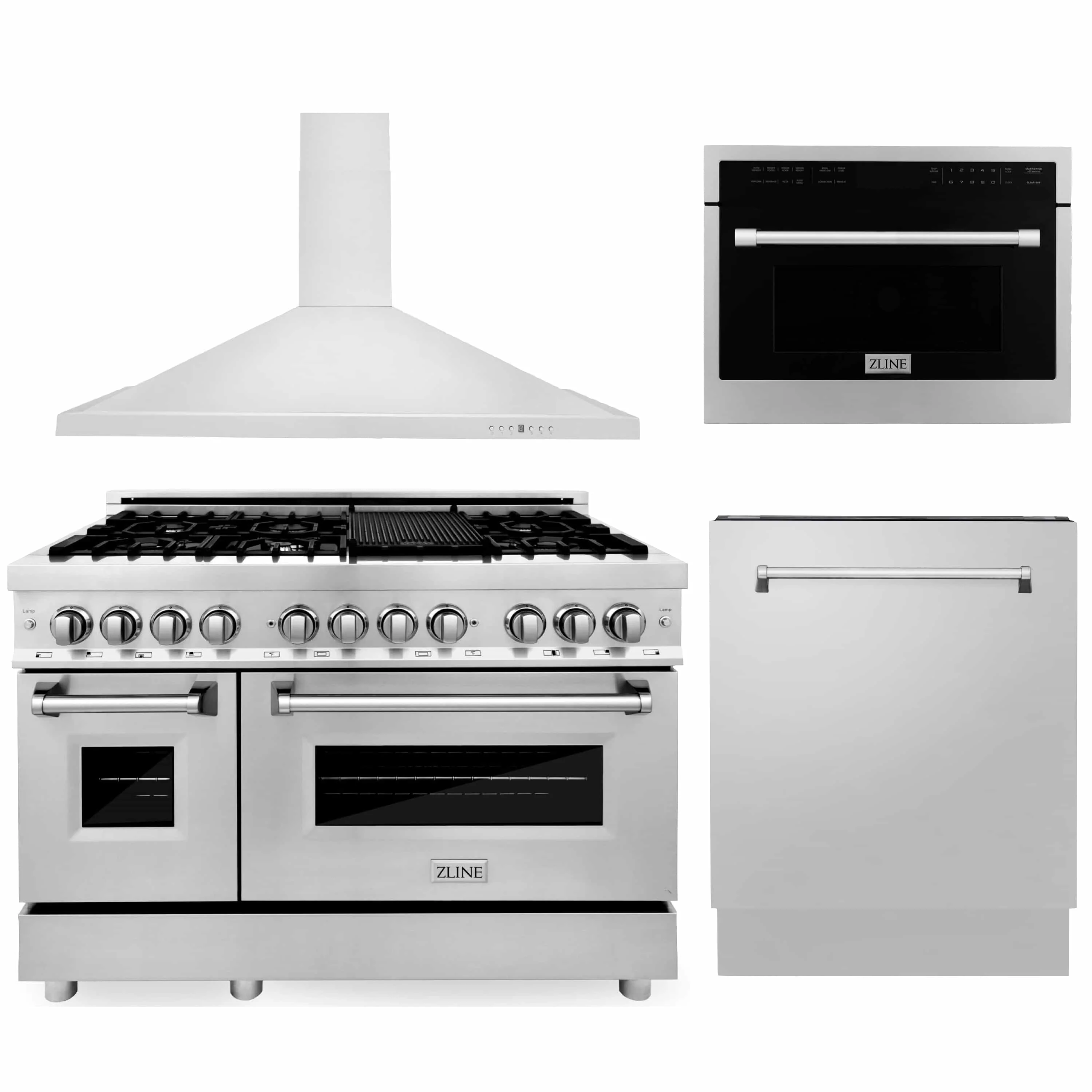 ZLINE 4-Piece Appliance Package - 48-Inch Dual Fuel Range, Tall Tub Dishwasher, Microwave Oven & Premium Hood (4KP-RARH48-MODWV)