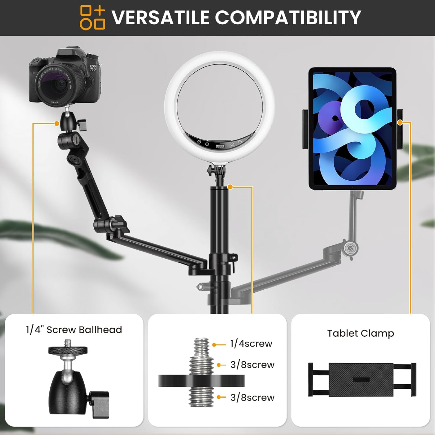 TARION Camera Arm Desk Mount: Heavy Duty DSLR Desktop Mount Camera Stand with Tablet Holder Double C Clamp 1/4 3/8 Screw Adapter Articulating Arm for Selfie Streaming Videography TitanRig Lite Z