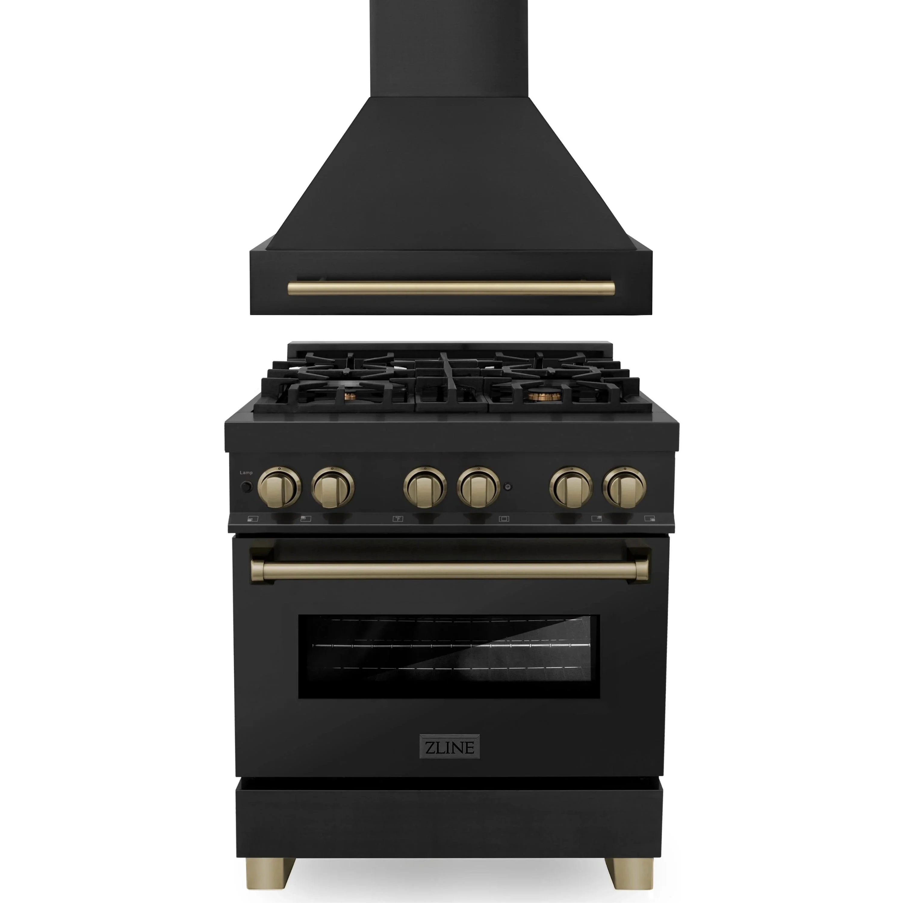 ZLINE Autograph Edition 2-Piece Appliance Package - 30-Inch Dual Fuel Range & Wall Mounted Range Hood in Black Stainless Steel with Champagne Bronze Trim (2AKP-RABRH30-CB)